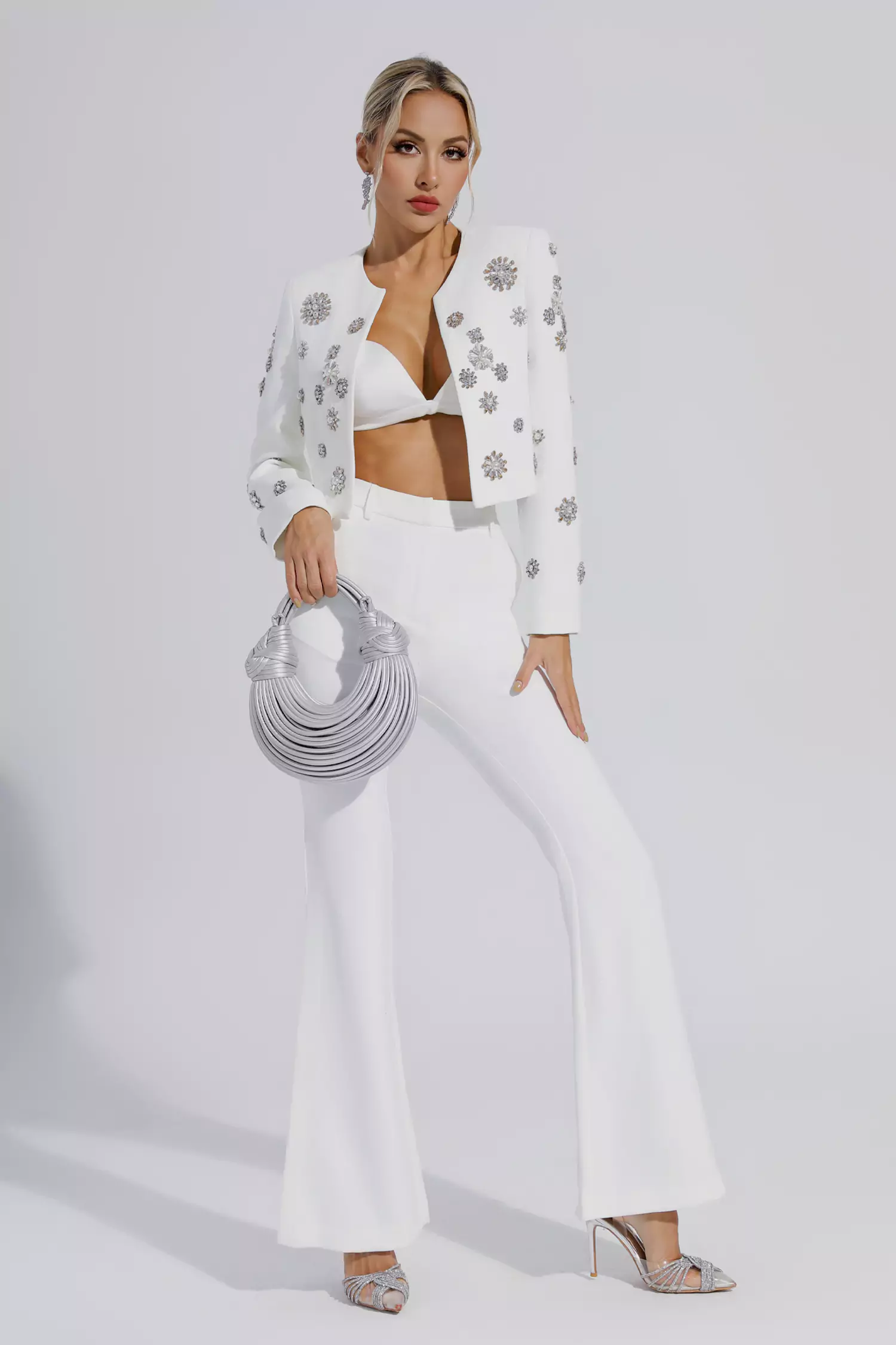 Amalia White Crystal Pearl Blazer Set-CATCHALL