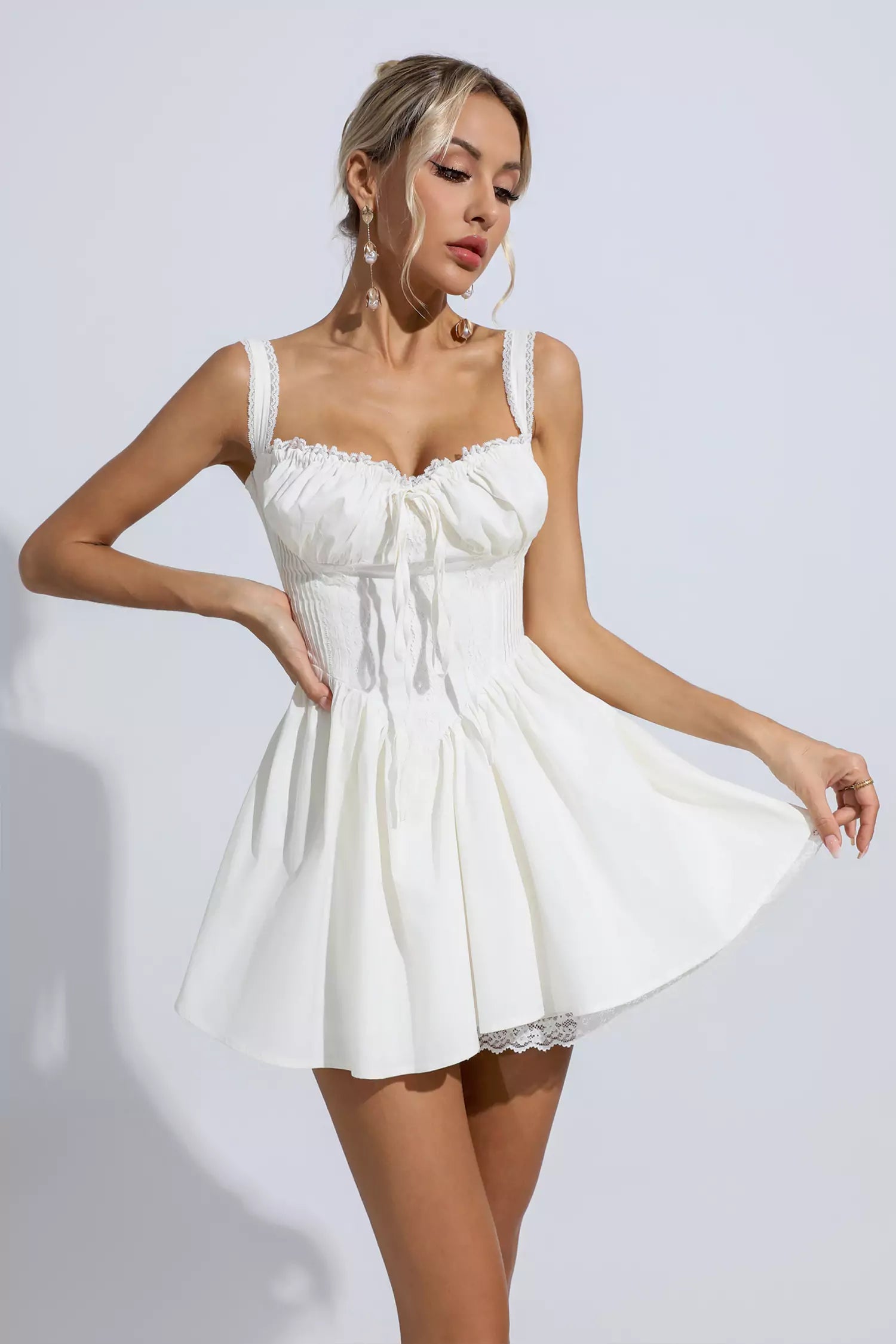 Amanda White Lace Ruched Mini Dress-CATCHALL