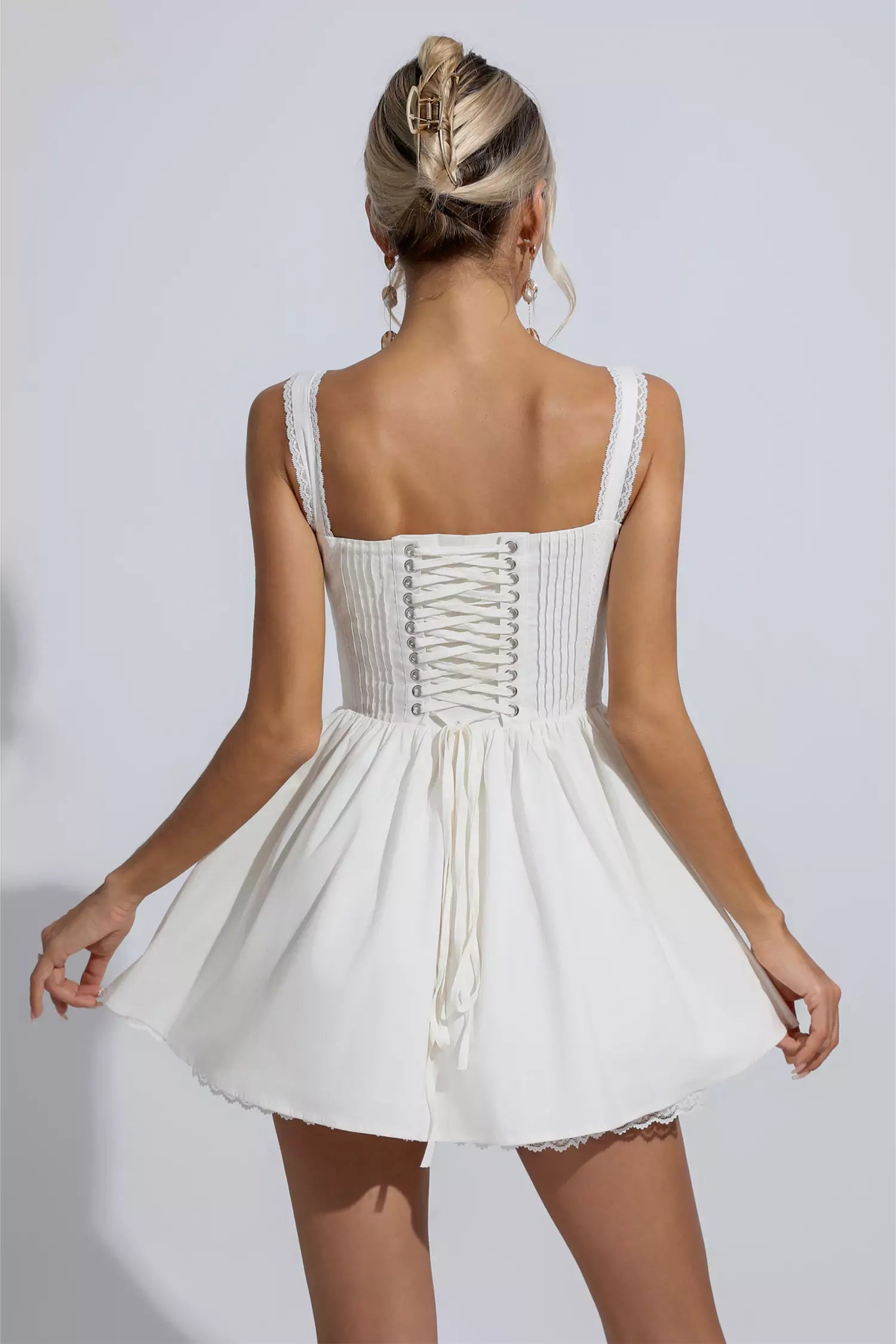 Amanda White Lace Ruched Mini Dress-CATCHALL