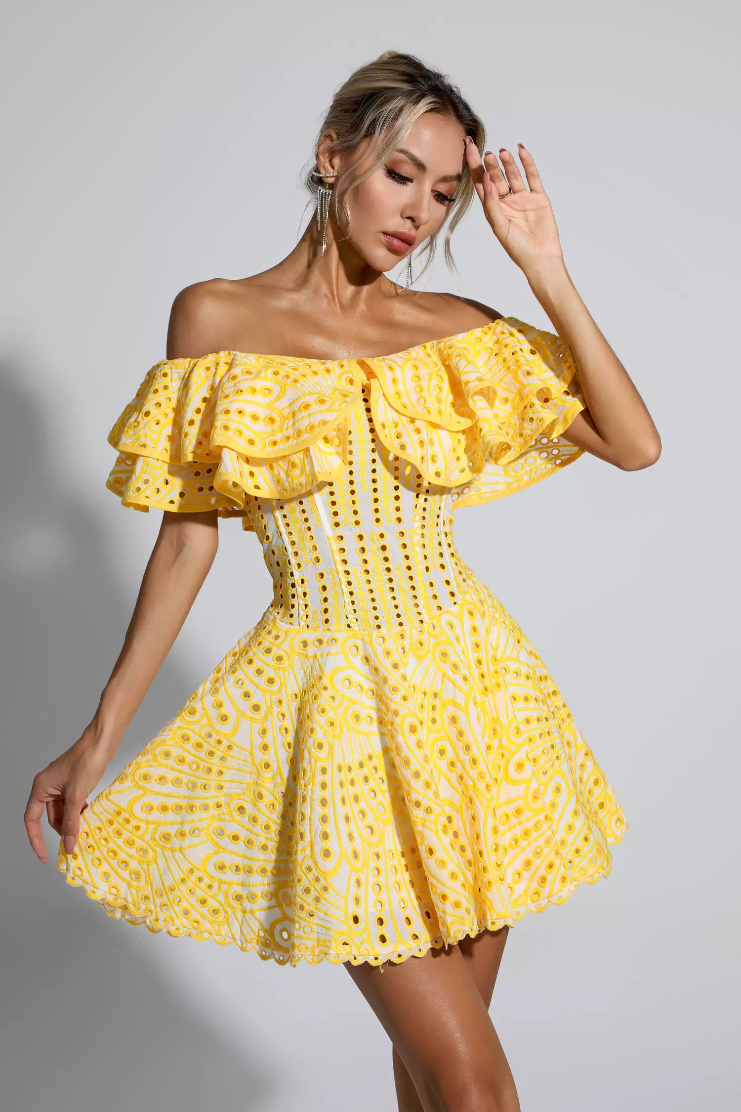 Amora Yellow Cutout Ruffle Mini Dress-CATCHALL