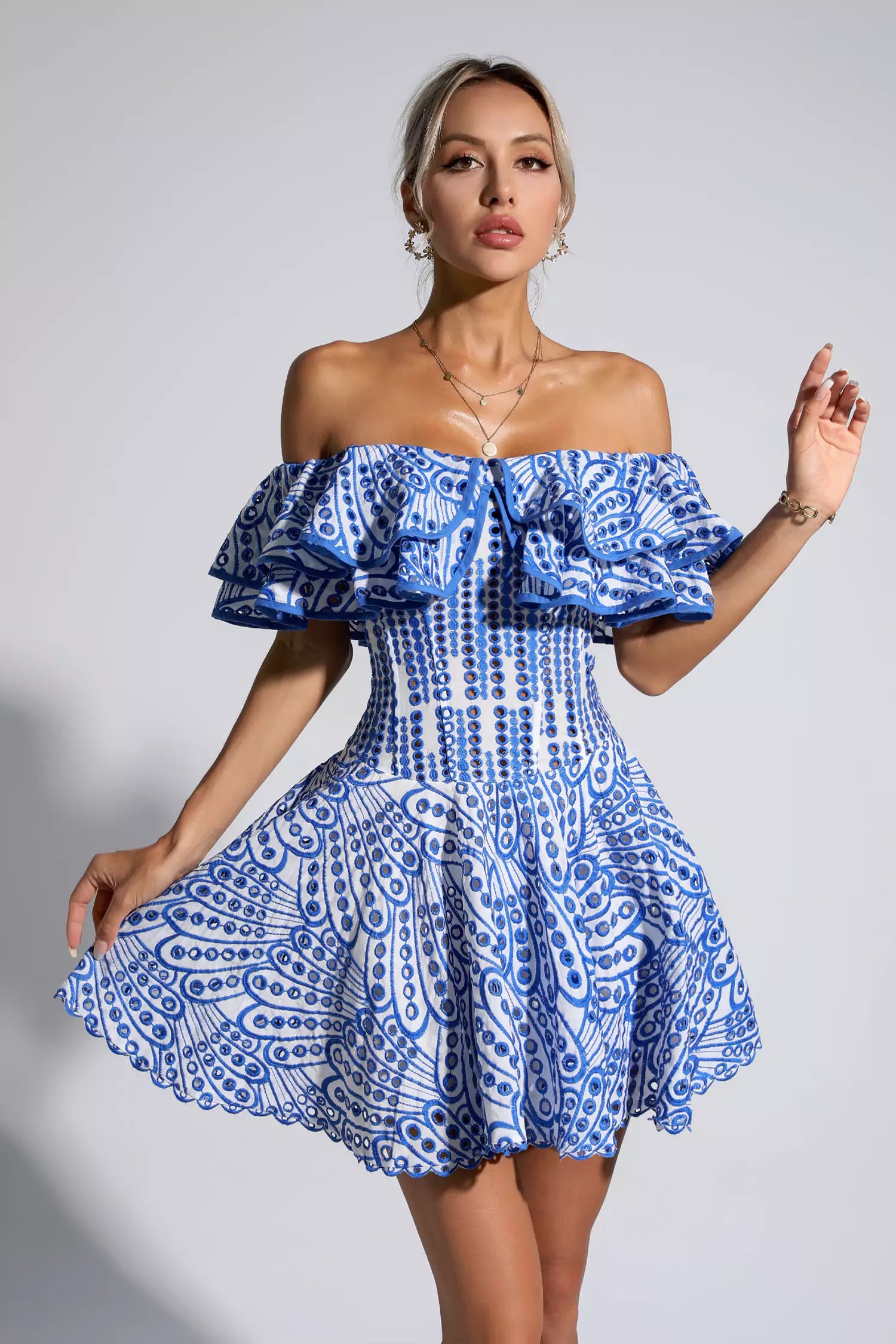 Amora Blue Cutout Ruffle Mini Dress-CATCHALL