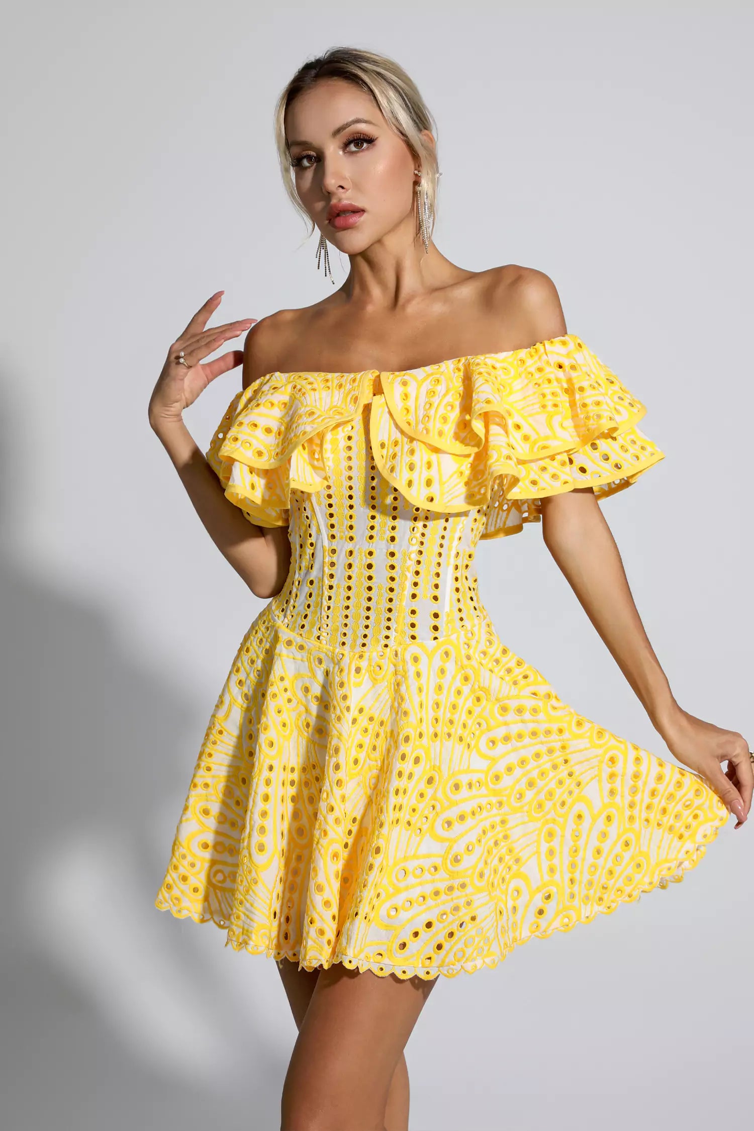 Amora Yellow Cutout Ruffle Mini Dress-CATCHALL