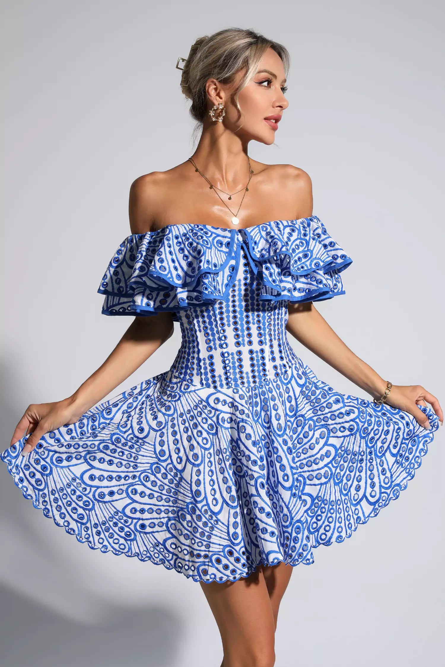 Amora Blue Cutout Ruffle Mini Dress-CATCHALL