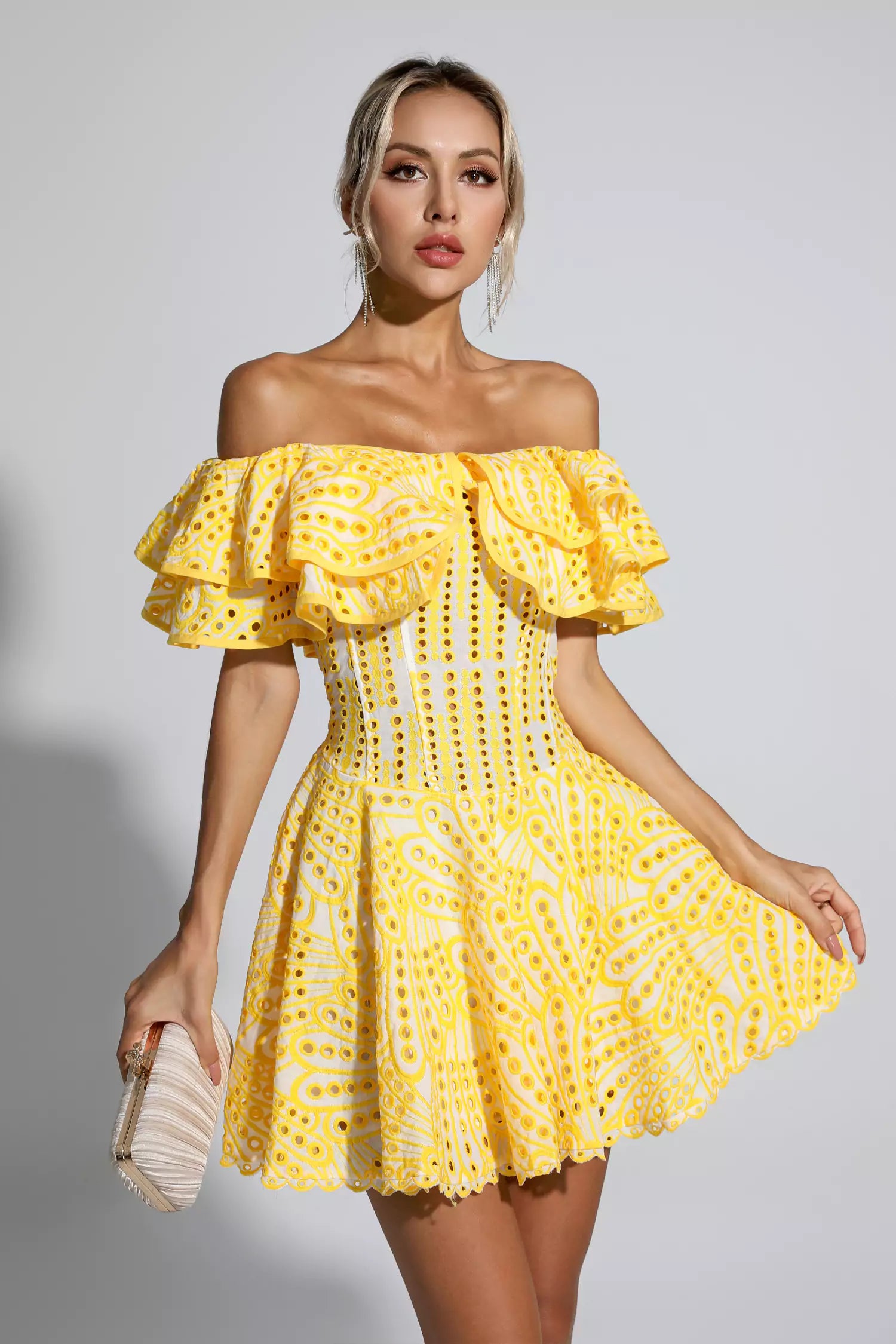 Amora Yellow Cutout Ruffle Mini Dress-CATCHALL