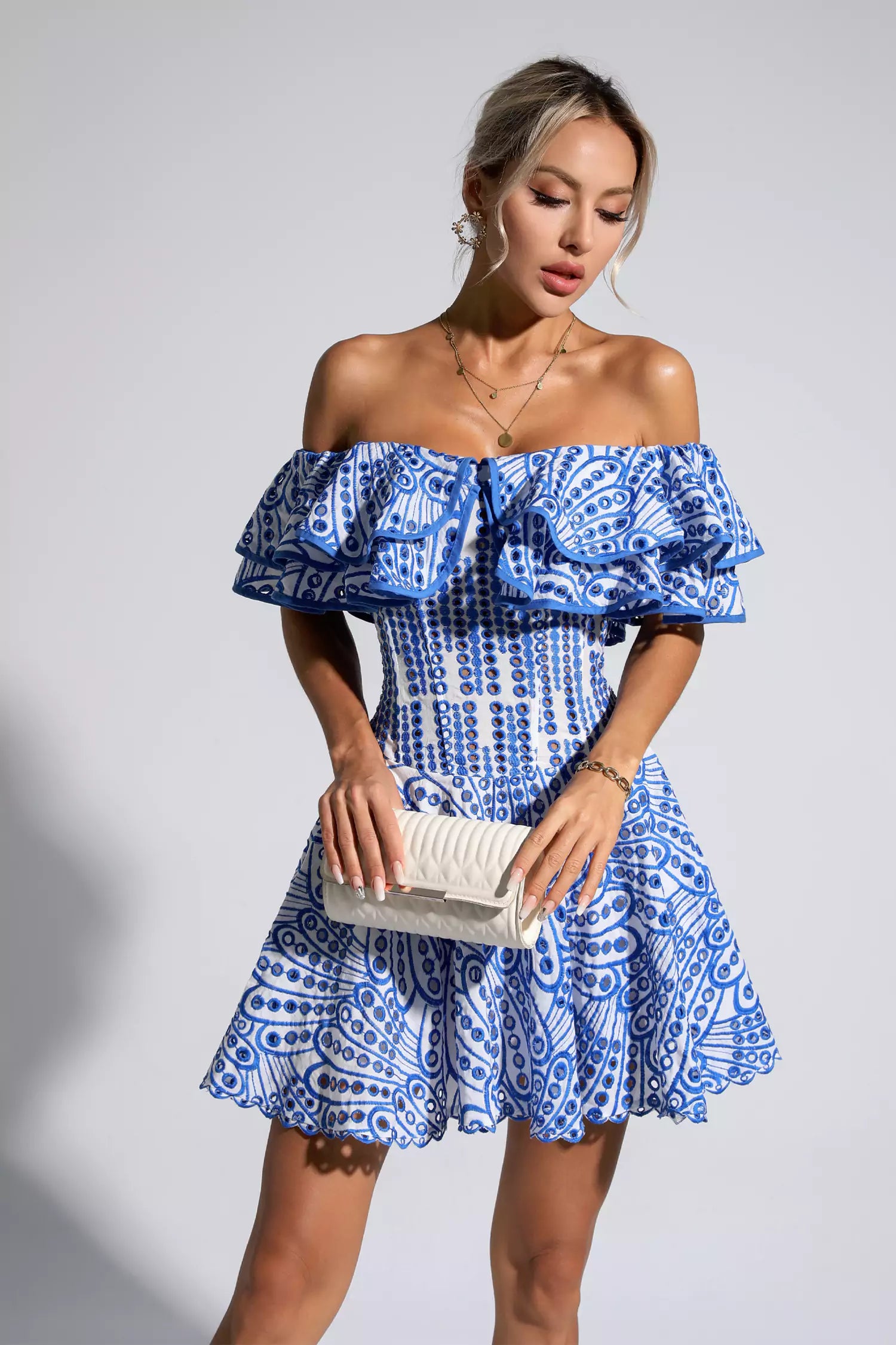 Amora Blue Cutout Ruffle Mini Dress-CATCHALL