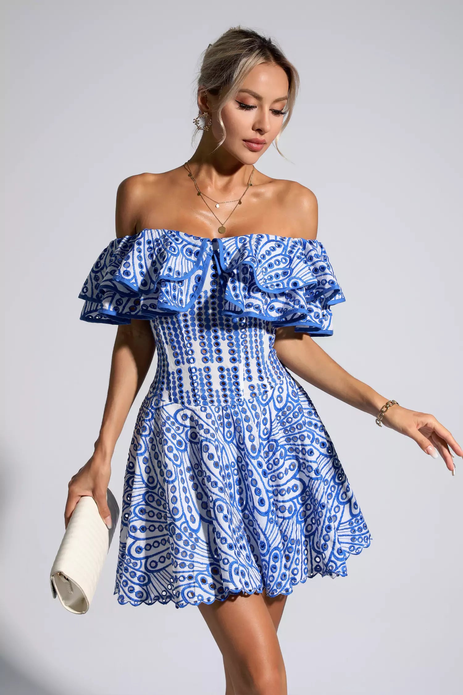 Amora Blue Cutout Ruffle Mini Dress-CATCHALL