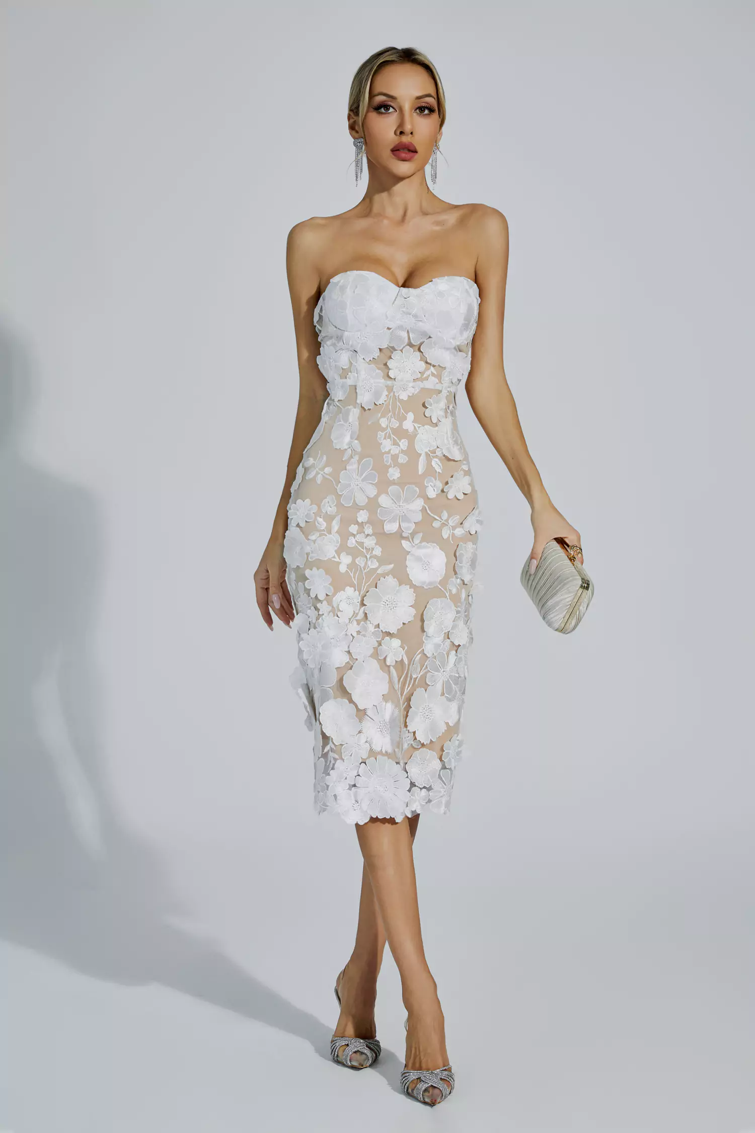 Anais White Lace Flower Off-shoulder Dress-CATCHALL