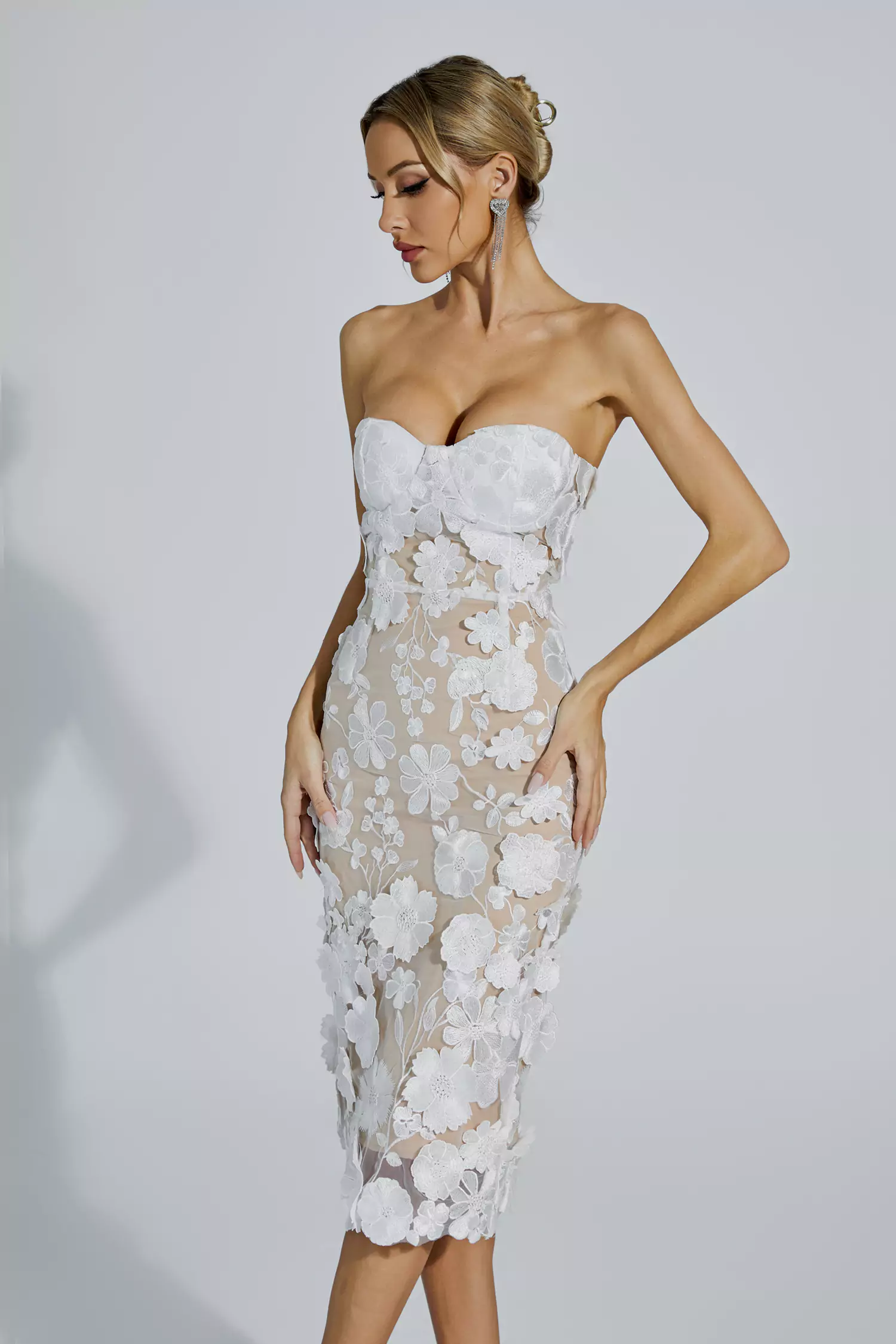 Anais White Lace Flower Off-shoulder Dress-CATCHALL