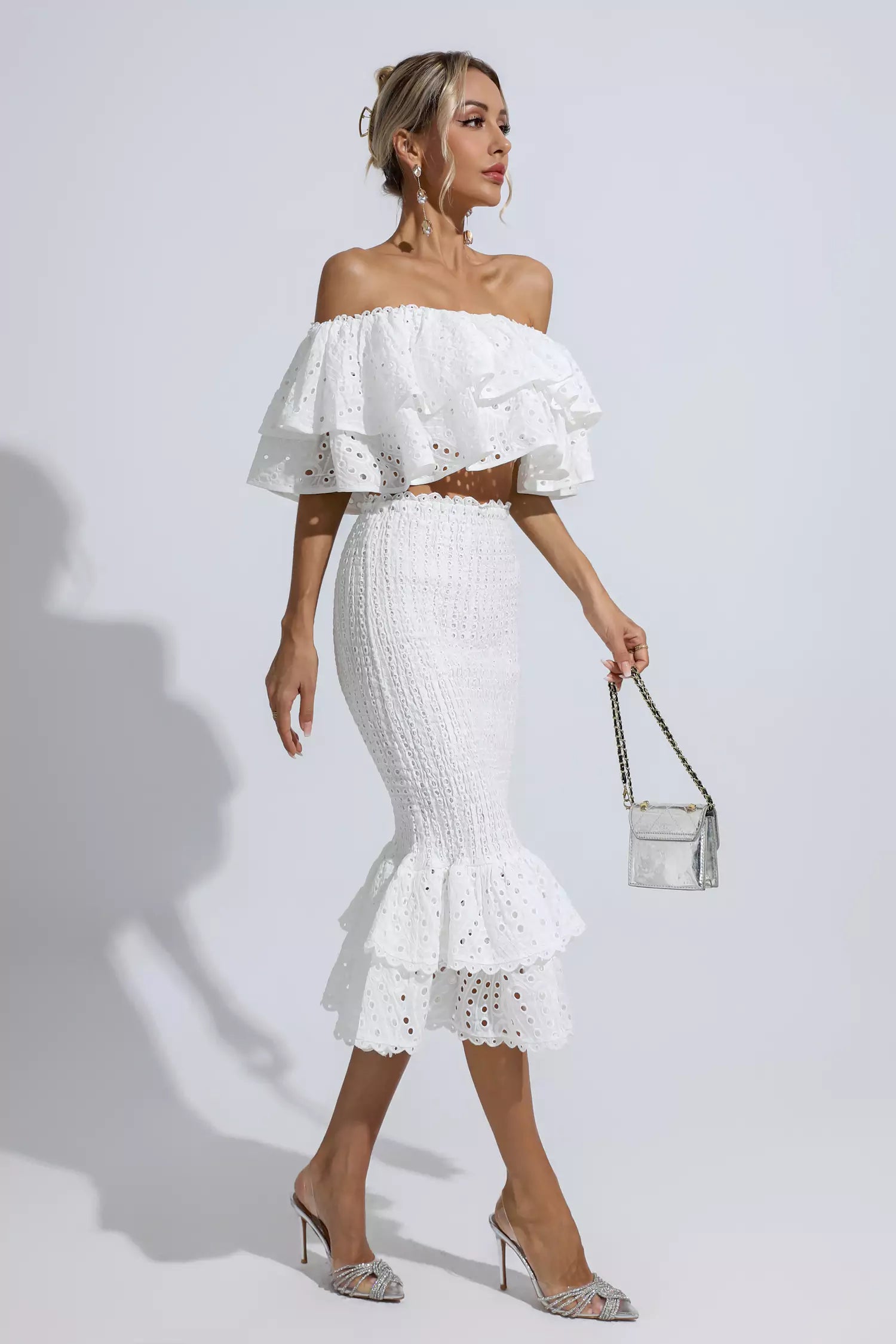 Anaya White Cutout Ruffle Set-CATCHALL