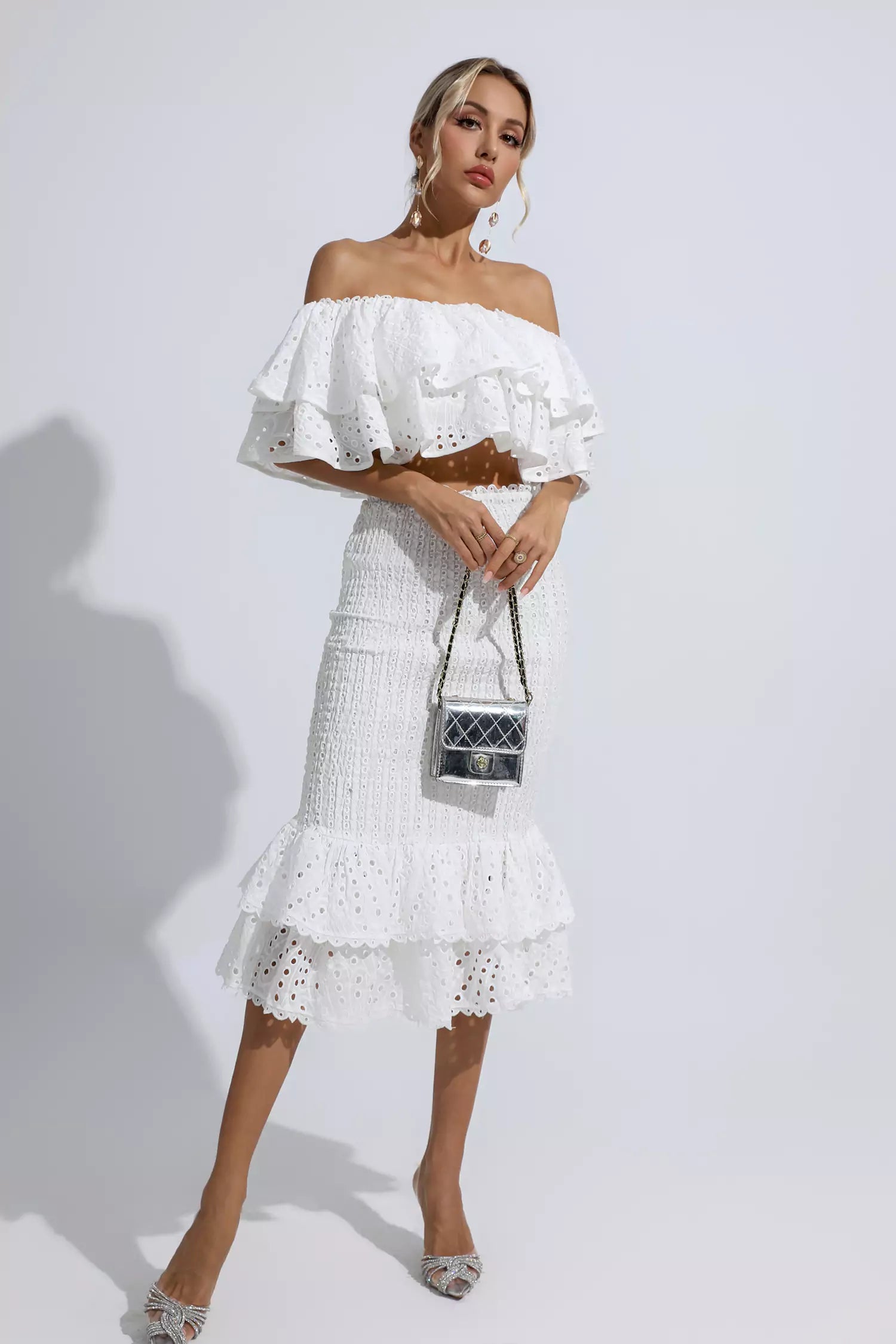 Anaya White Cutout Ruffle Set-CATCHALL