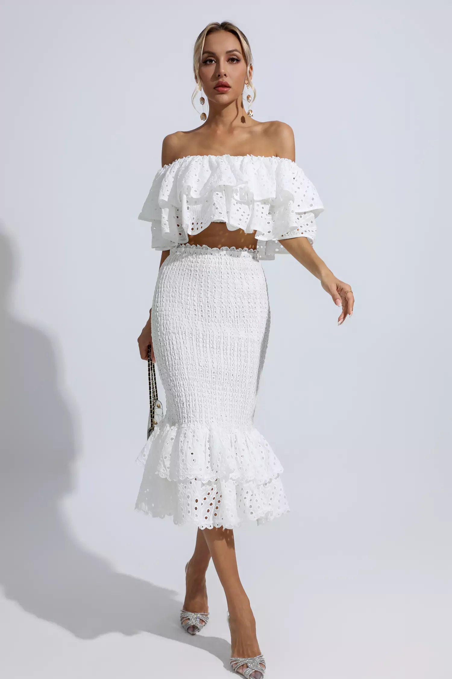 Anaya White Cutout Ruffle Set-CATCHALL
