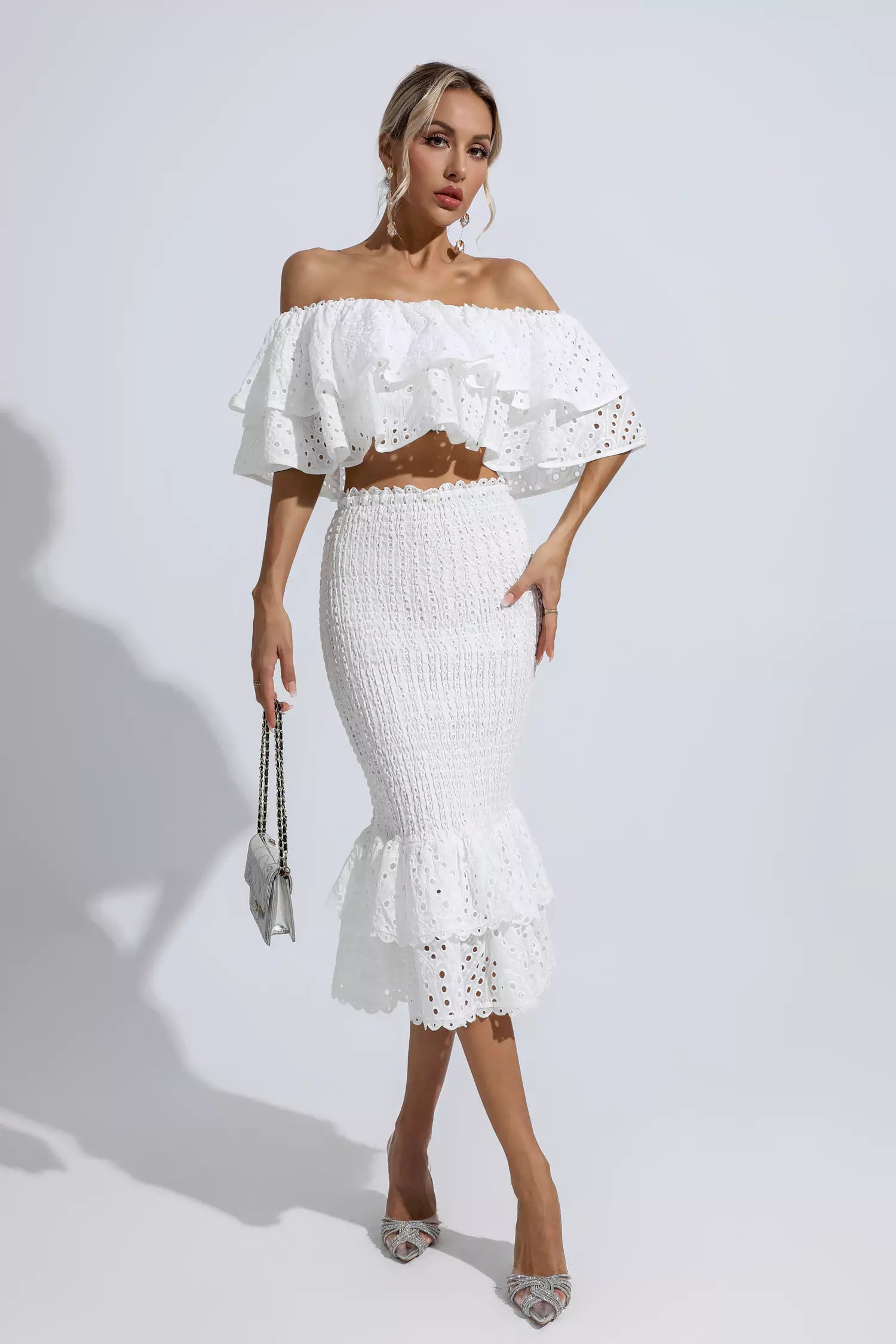 Anaya White Cutout Ruffle Set-CATCHALL