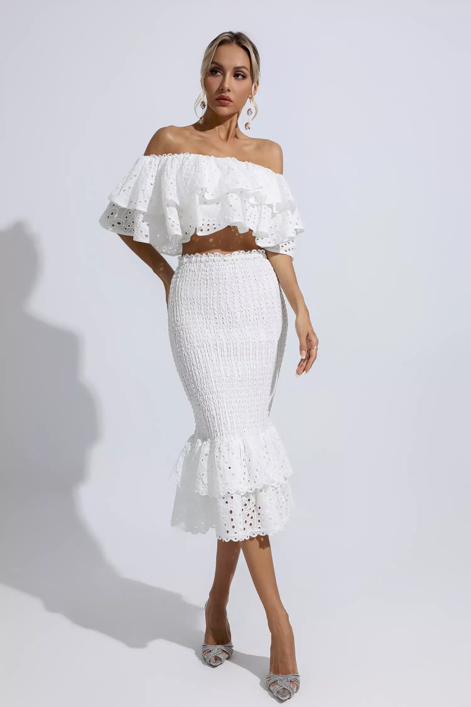 Anaya White Cutout Ruffle Set-CATCHALL