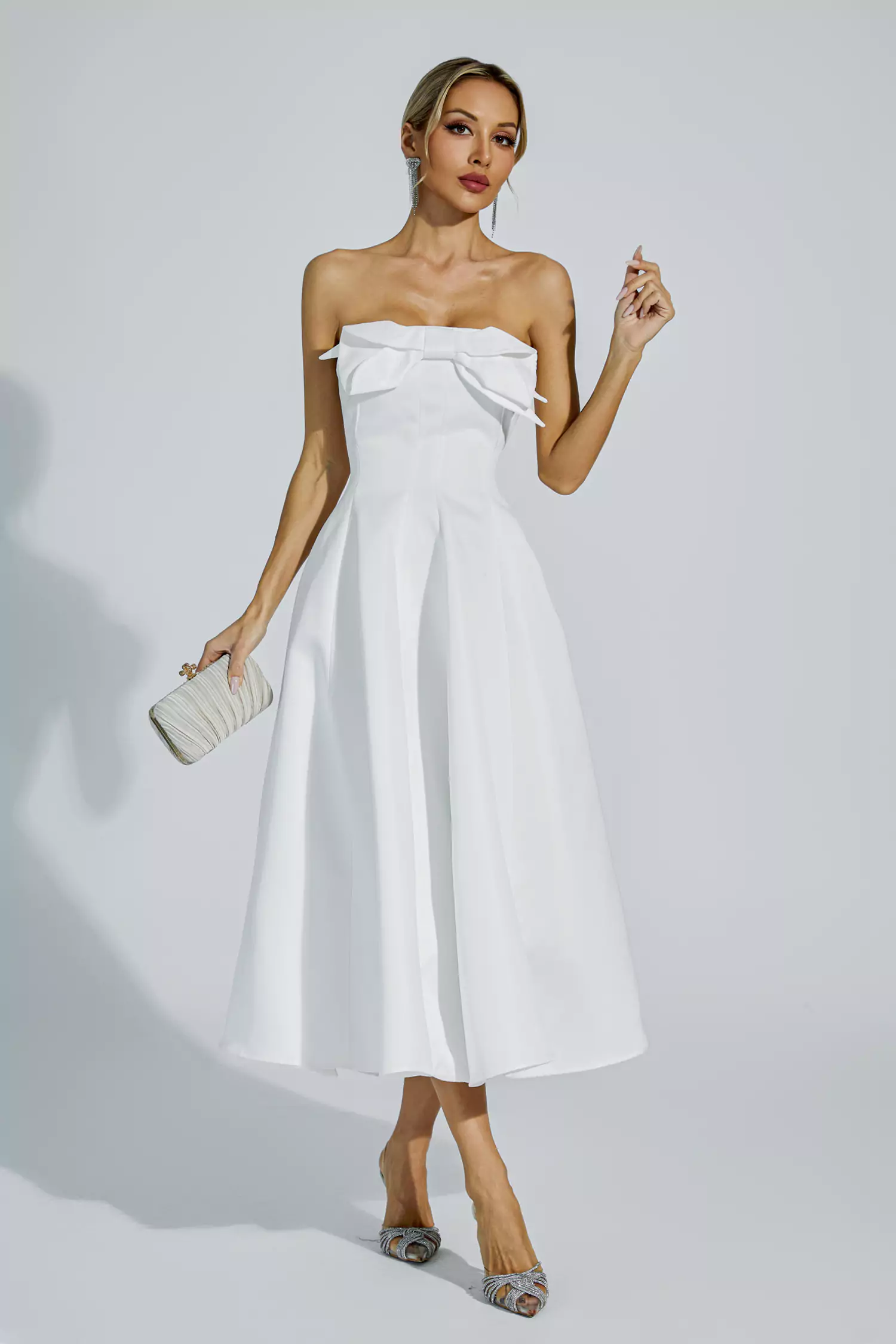 Andi White Bow Off Shoulder Dress-CATCHALL