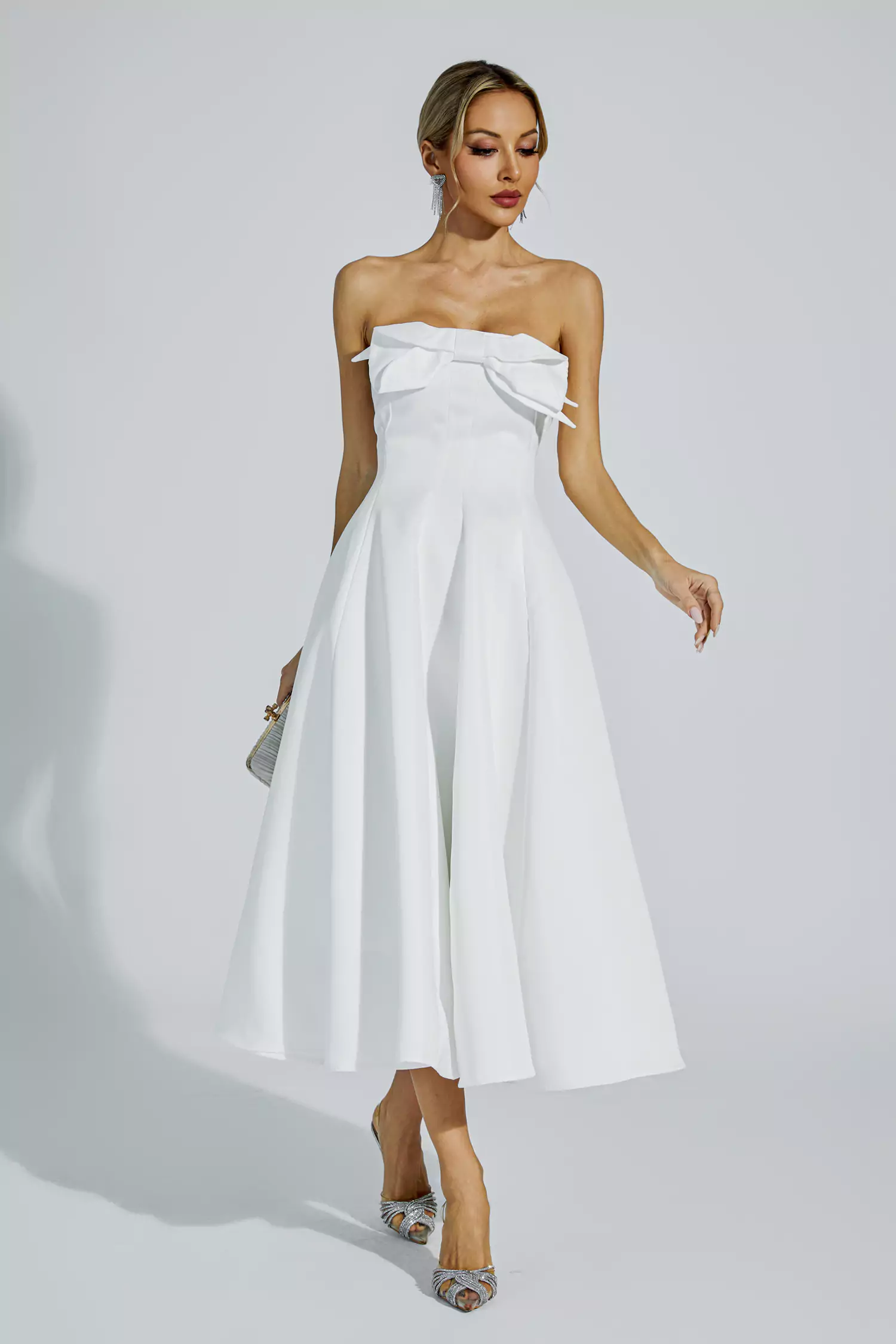 Andi White Bow Off Shoulder Dress-CATCHALL