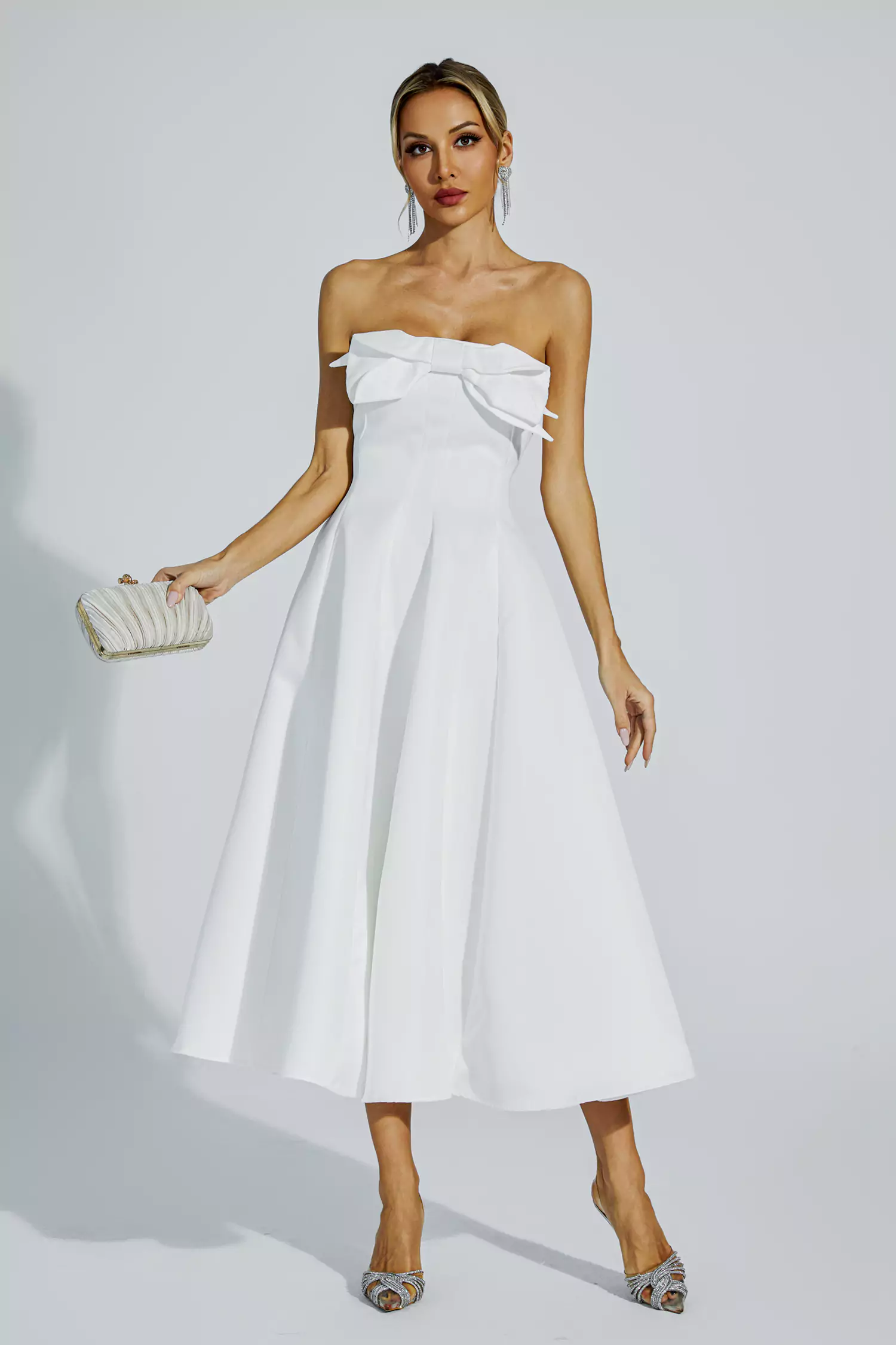 Andi White Bow Off Shoulder Dress-CATCHALL