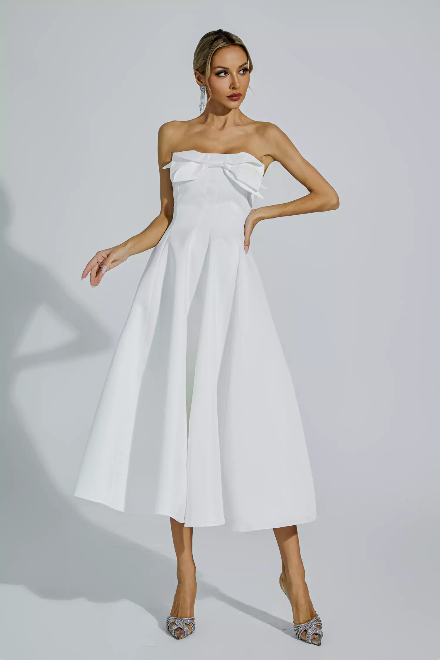 Andi White Bow Off Shoulder Dress-CATCHALL