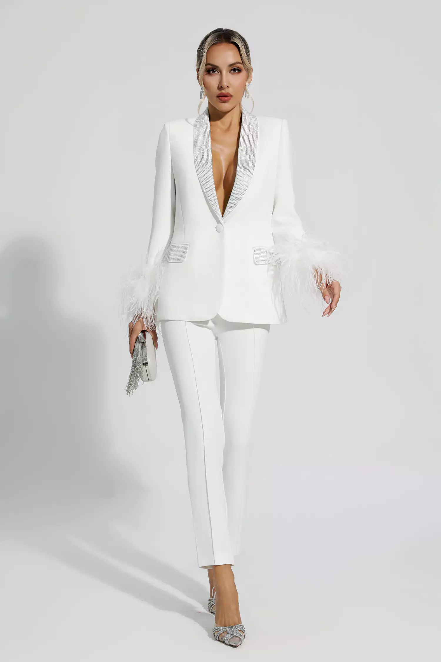 Angel White Feather Trim Diamond Blazer Set-CATCHALL