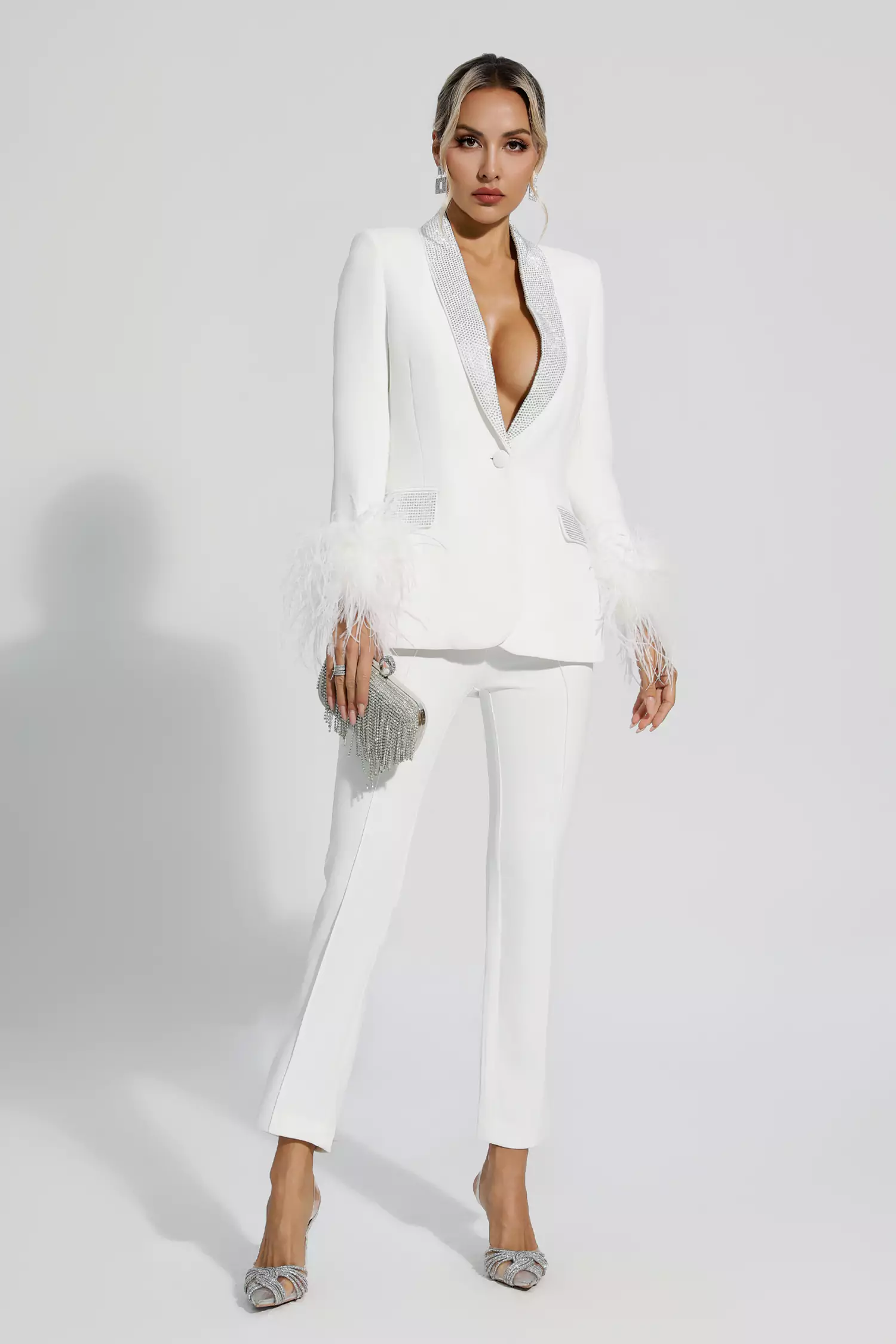Angel White Feather Trim Diamond Blazer Set-CATCHALL