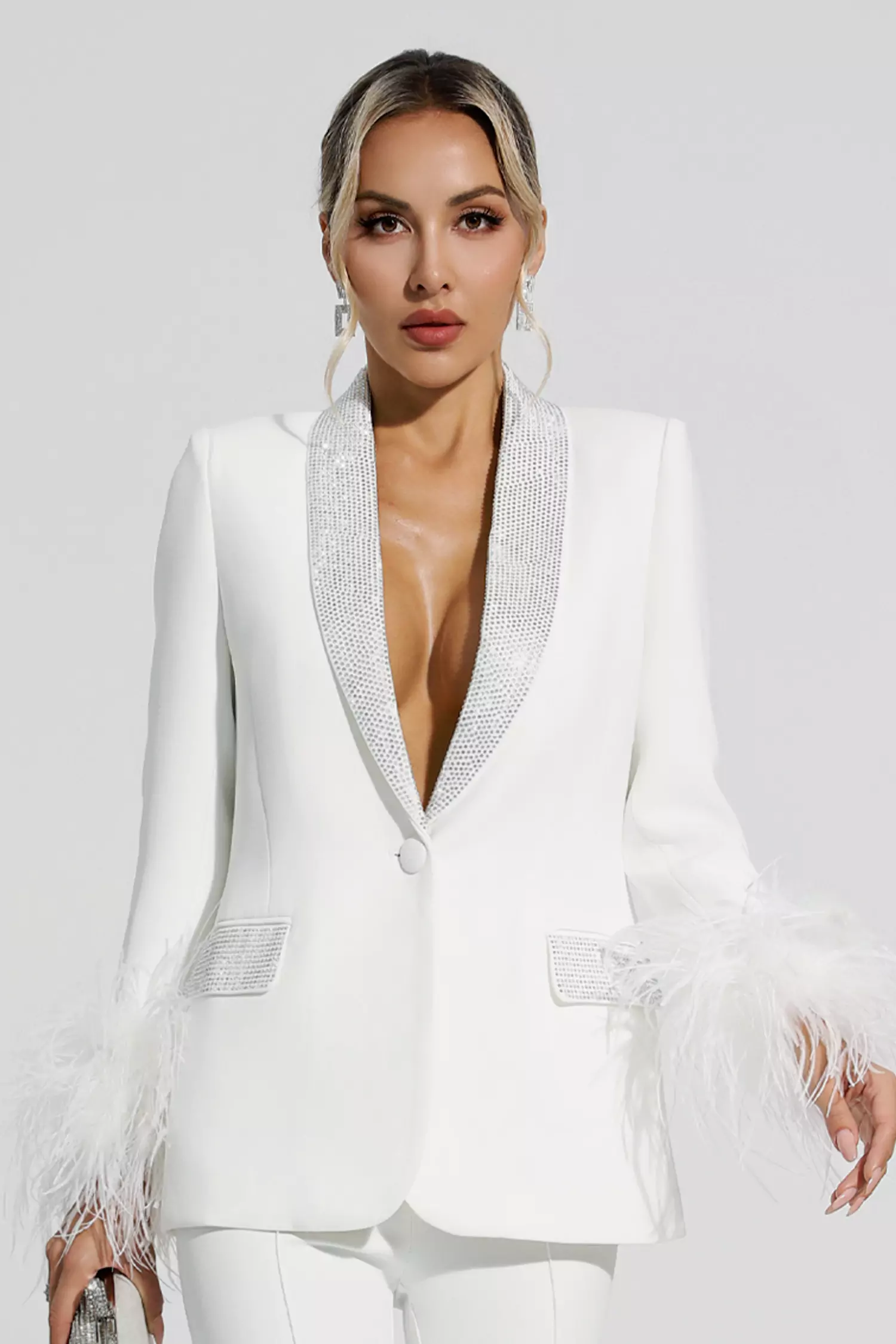 Angel White Feather Trim Diamond Blazer Set-CATCHALL