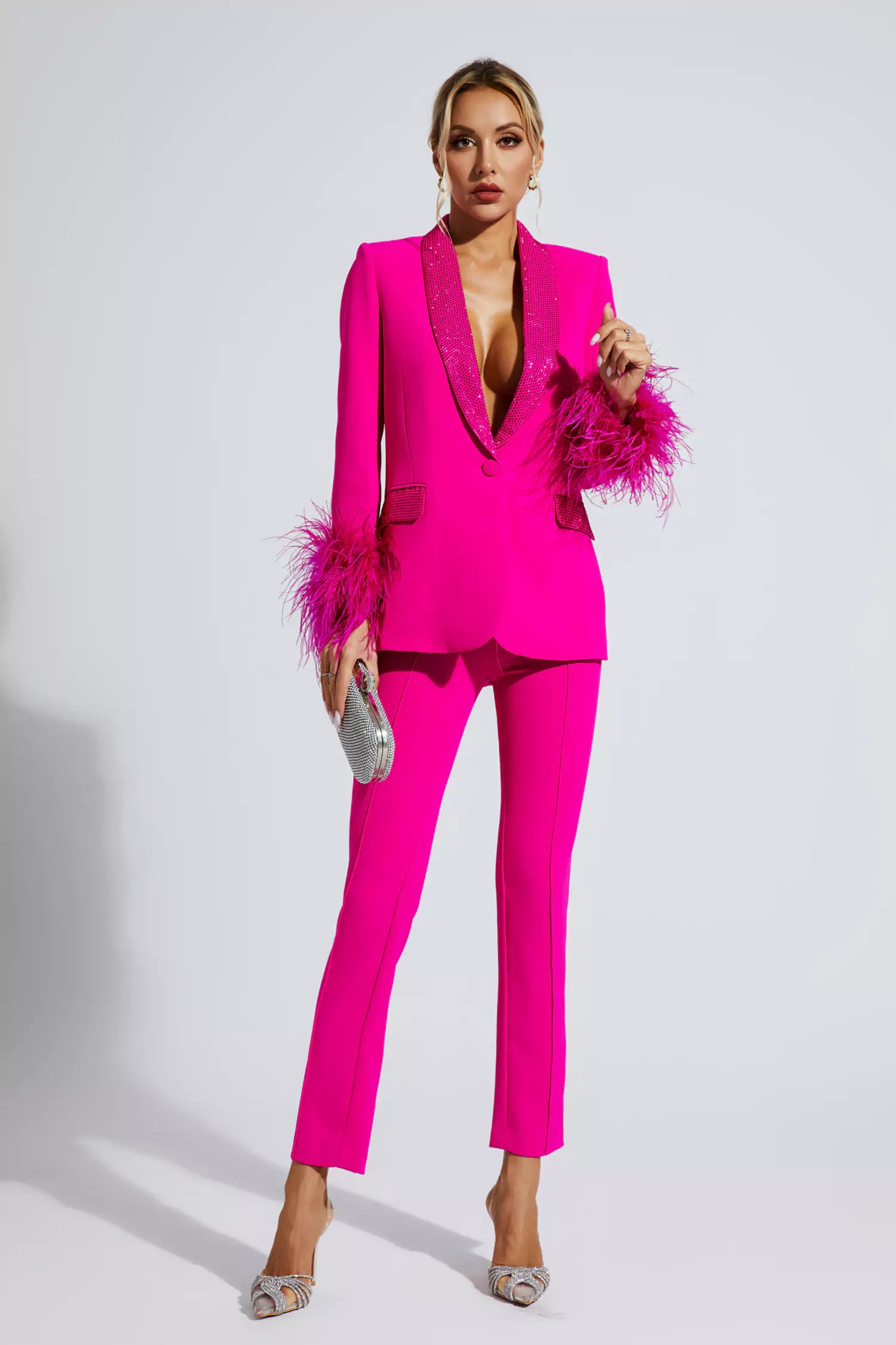Angel Pink Feather Trim Diamond Blazer Set-CATCHALL