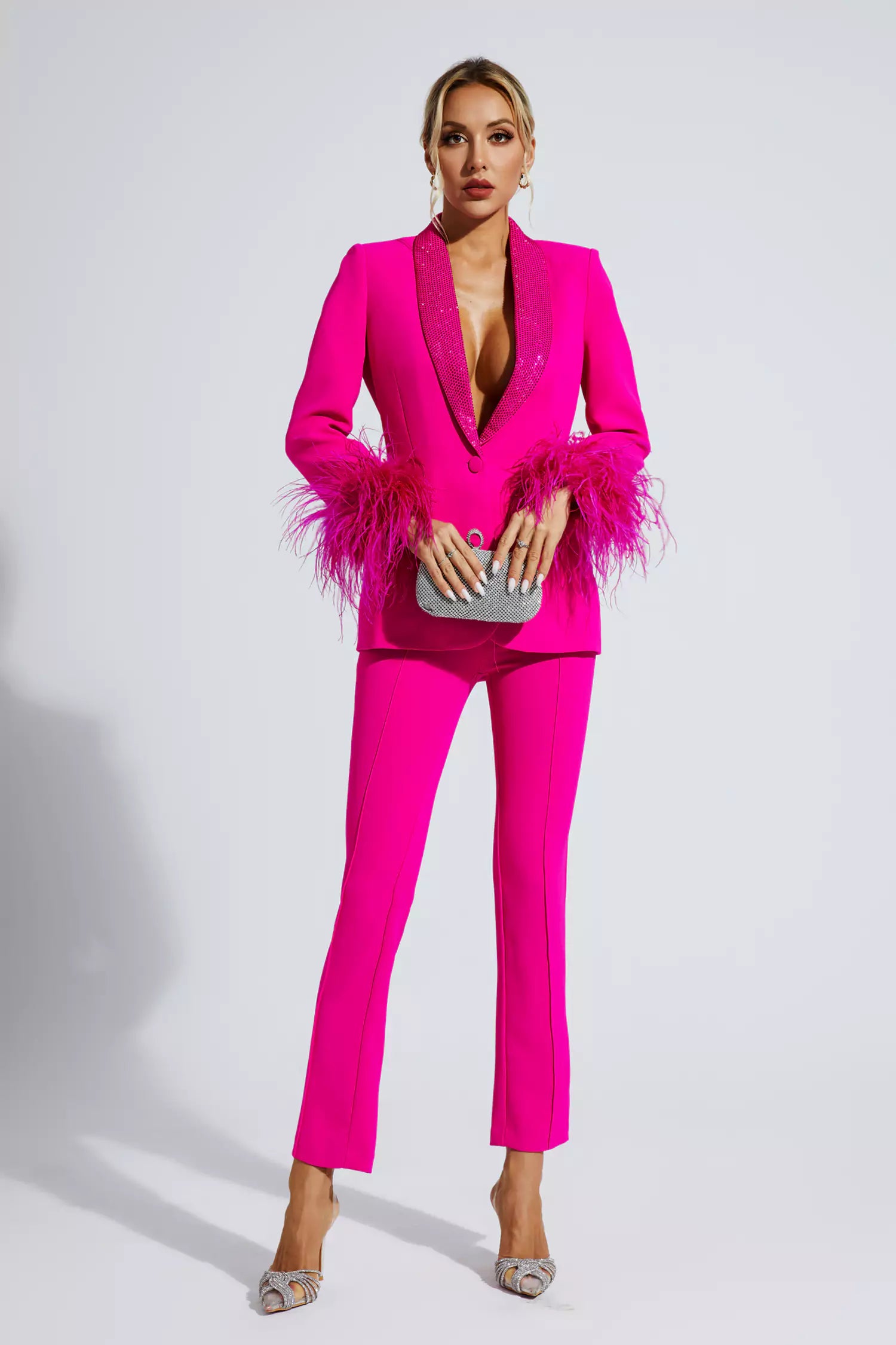 Angel Pink Feather Trim Diamond Blazer Set-CATCHALL