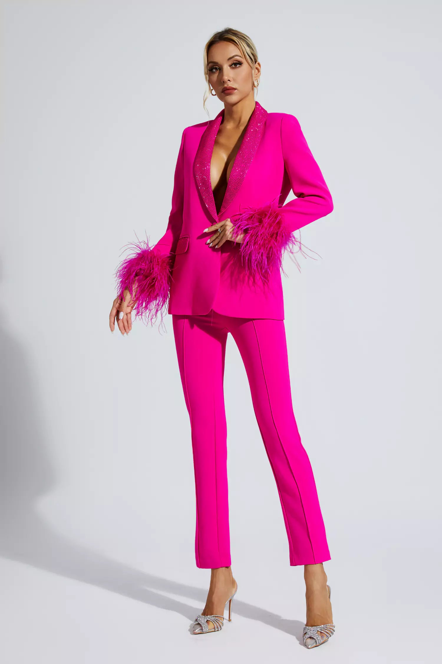 Angel Pink Feather Trim Diamond Blazer Set-CATCHALL