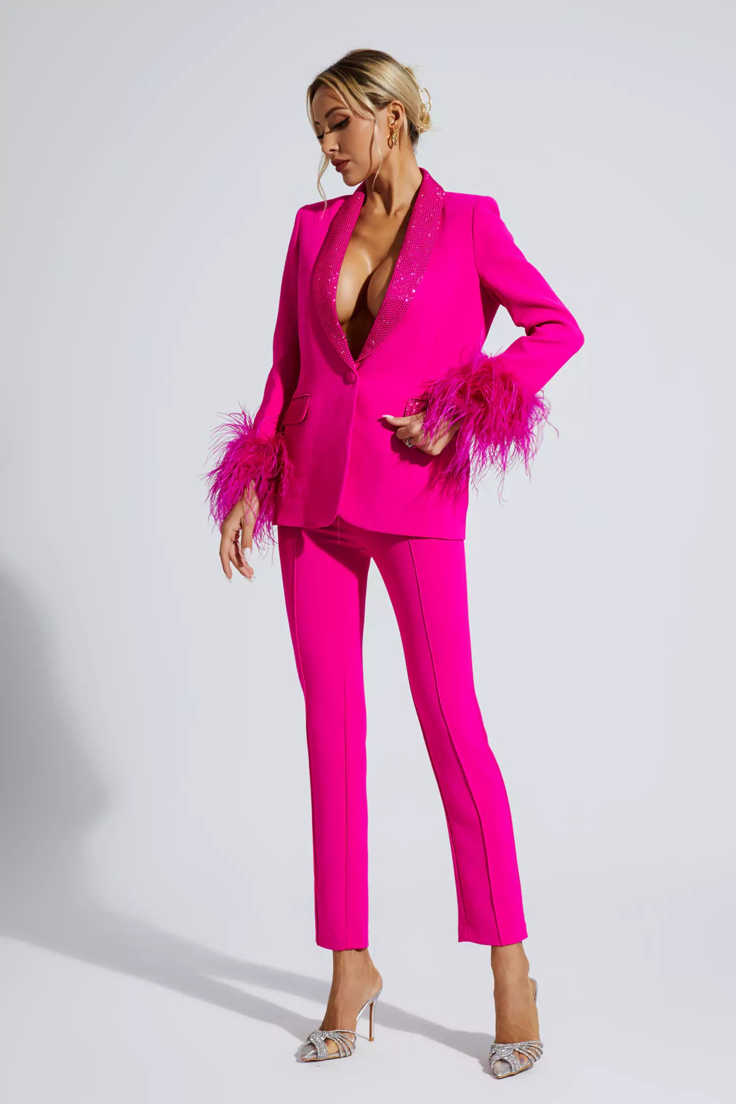 Angel Pink Feather Trim Diamond Blazer Set-CATCHALL