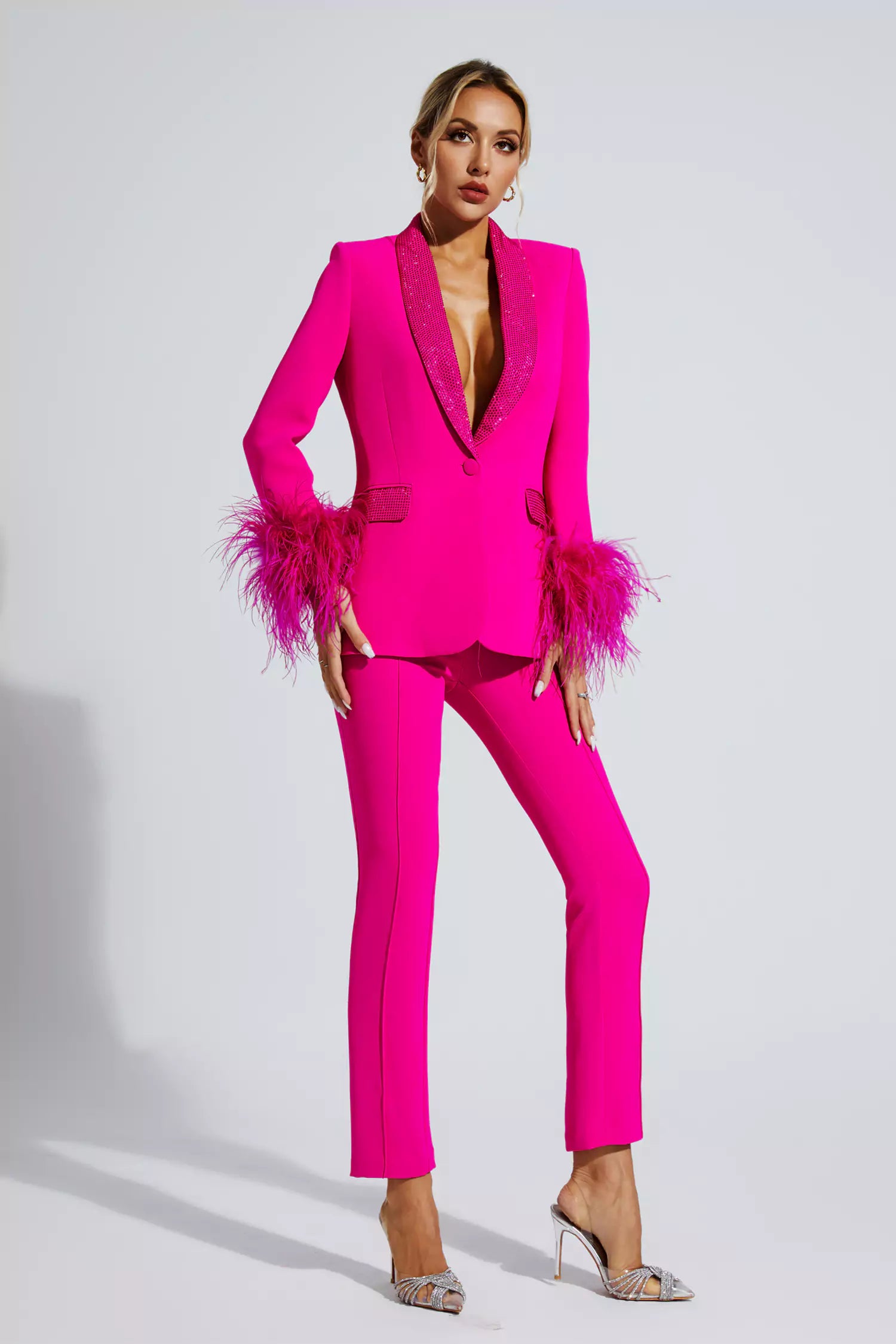 Angel Pink Feather Trim Diamond Blazer Set-CATCHALL
