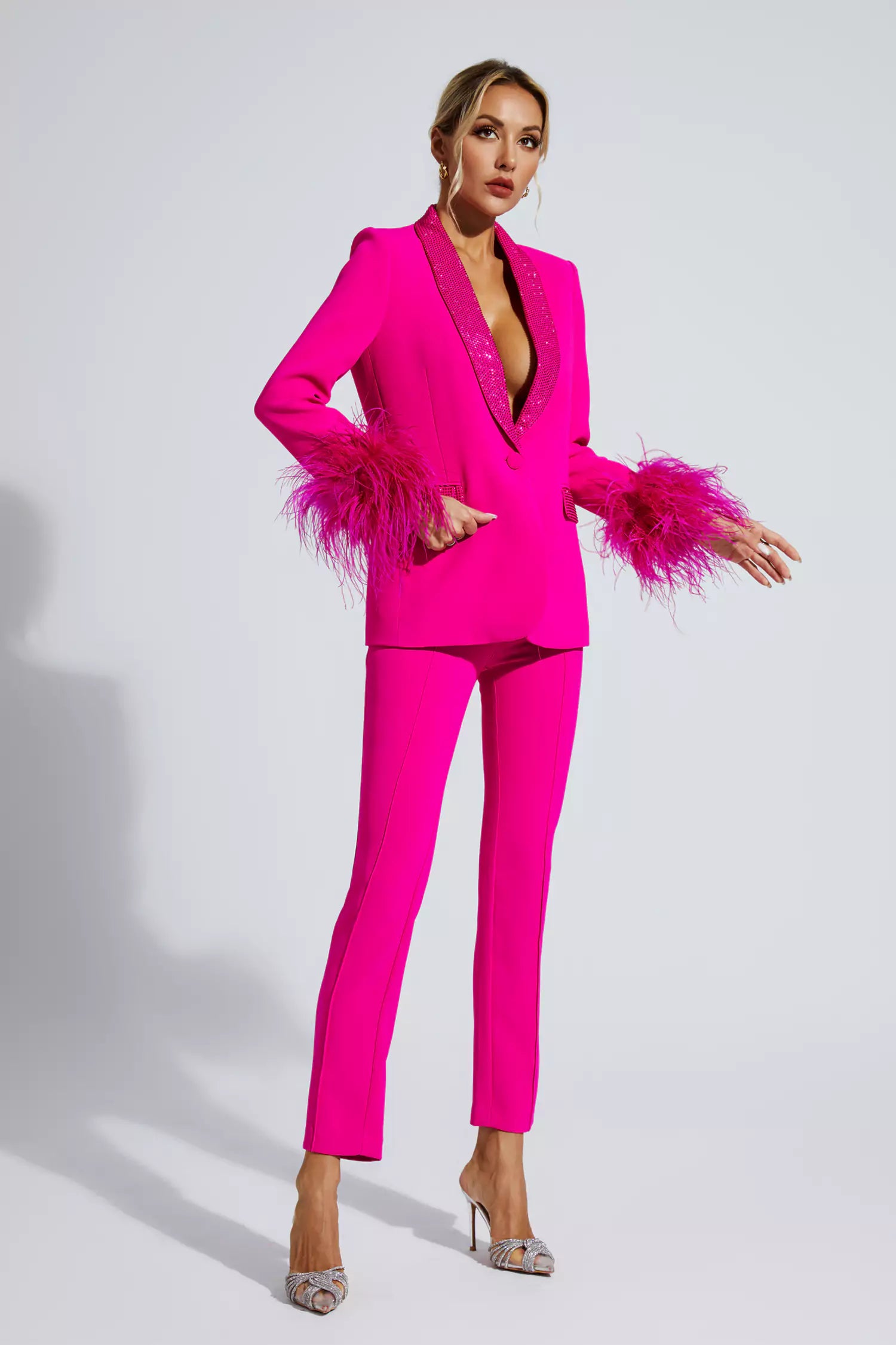 Angel Pink Feather Trim Diamond Blazer Set-CATCHALL