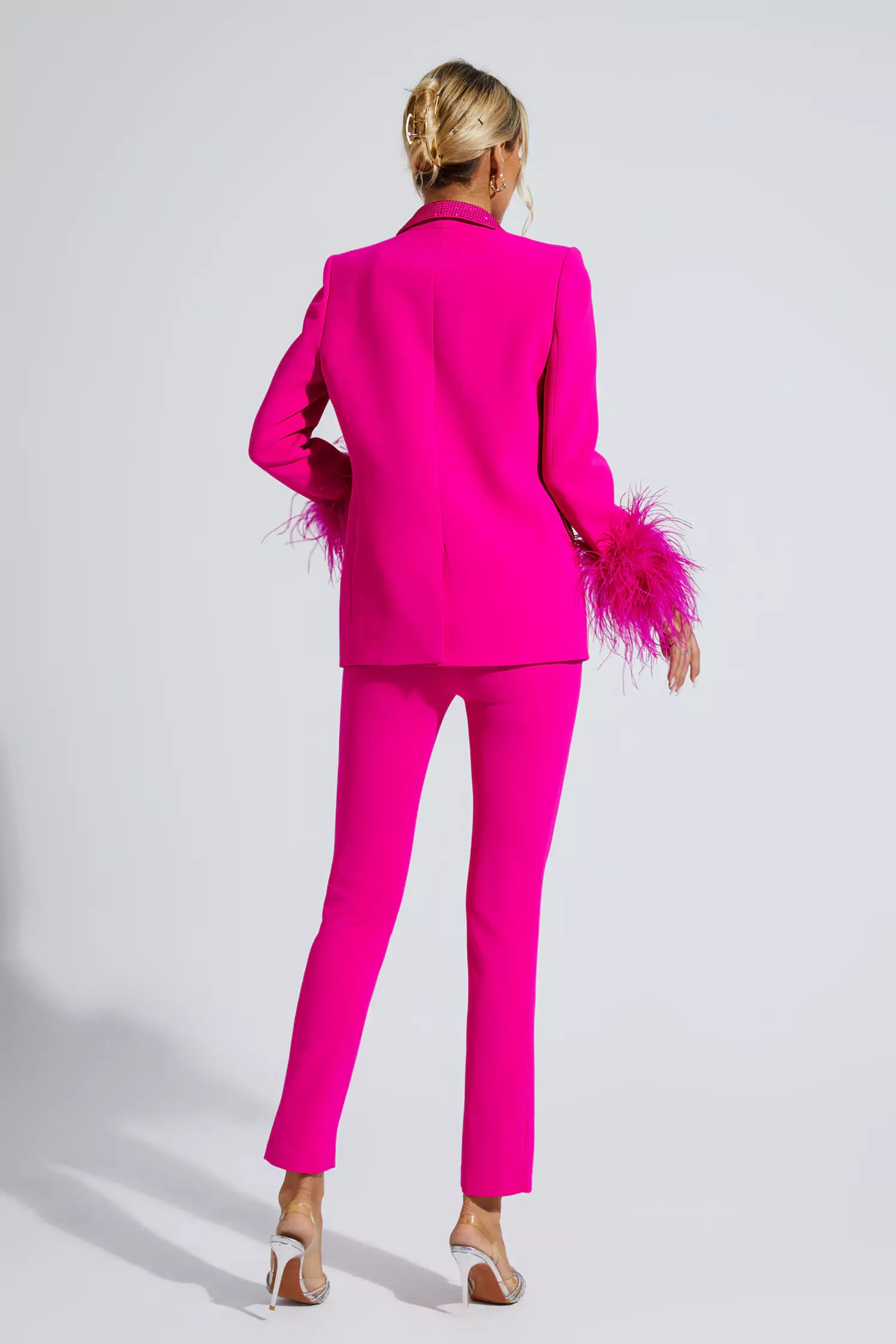 Angel Pink Feather Trim Diamond Blazer Set-CATCHALL