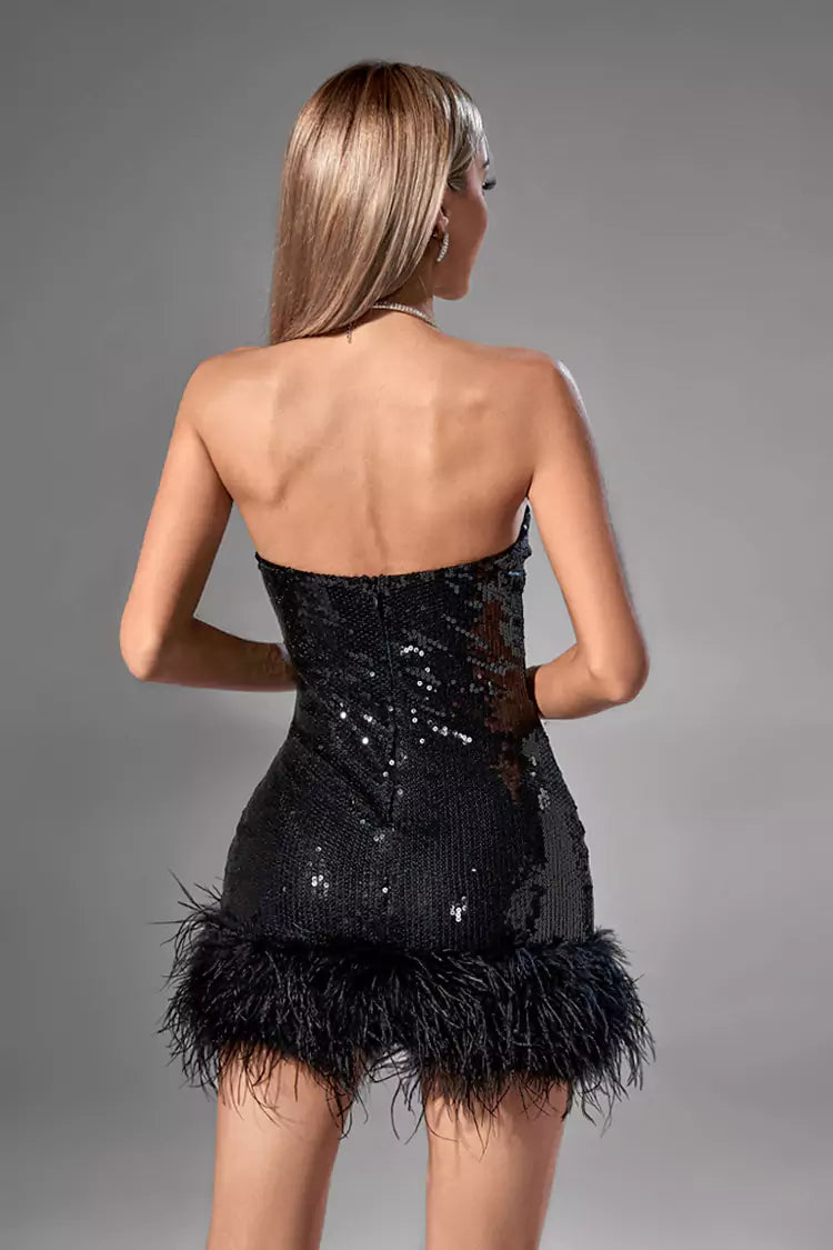 Angela Black Sequin Feather Dress-CATCHALL