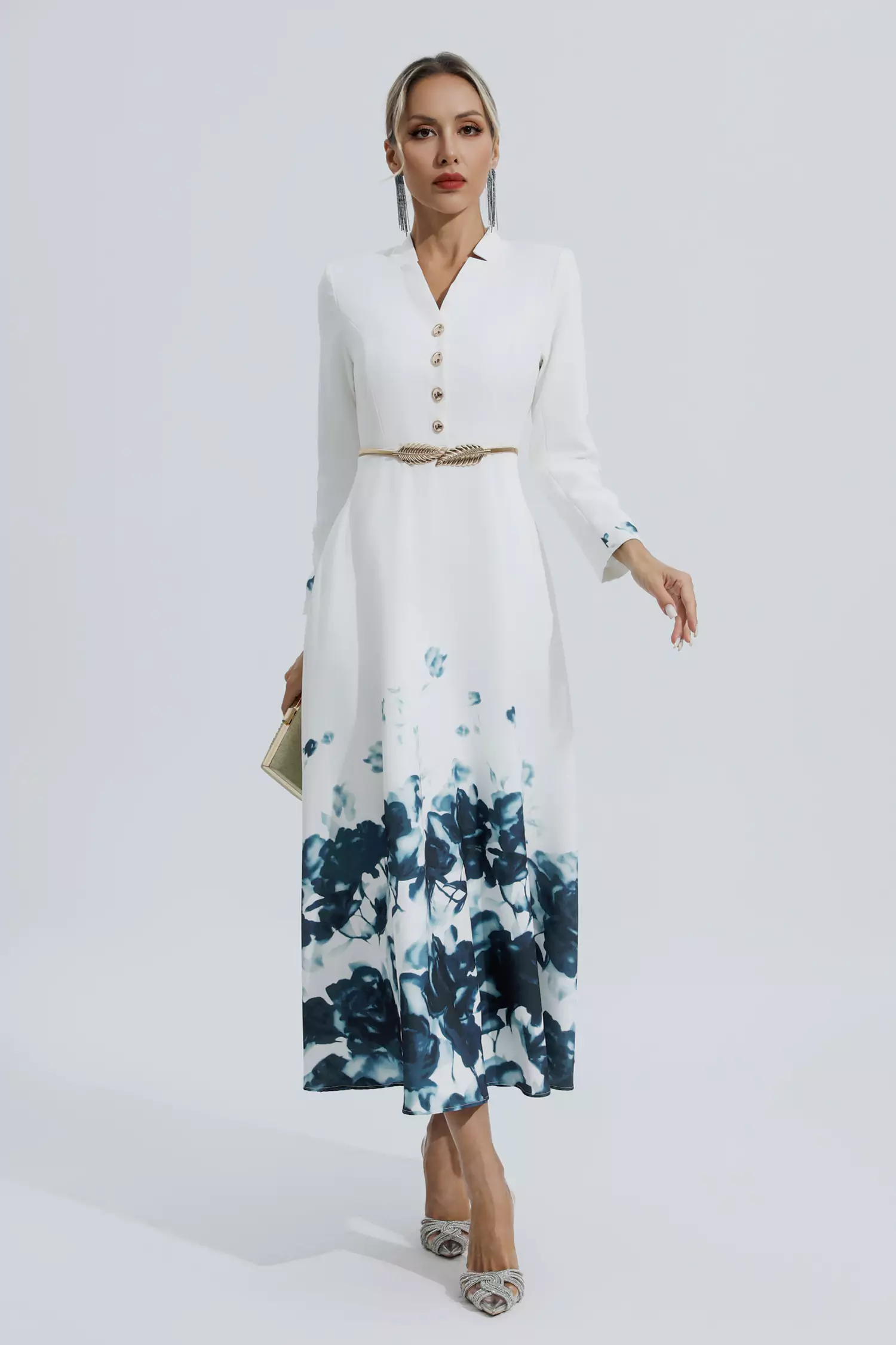 Angie White Printed Floral Maxi Dress-CATCHALL