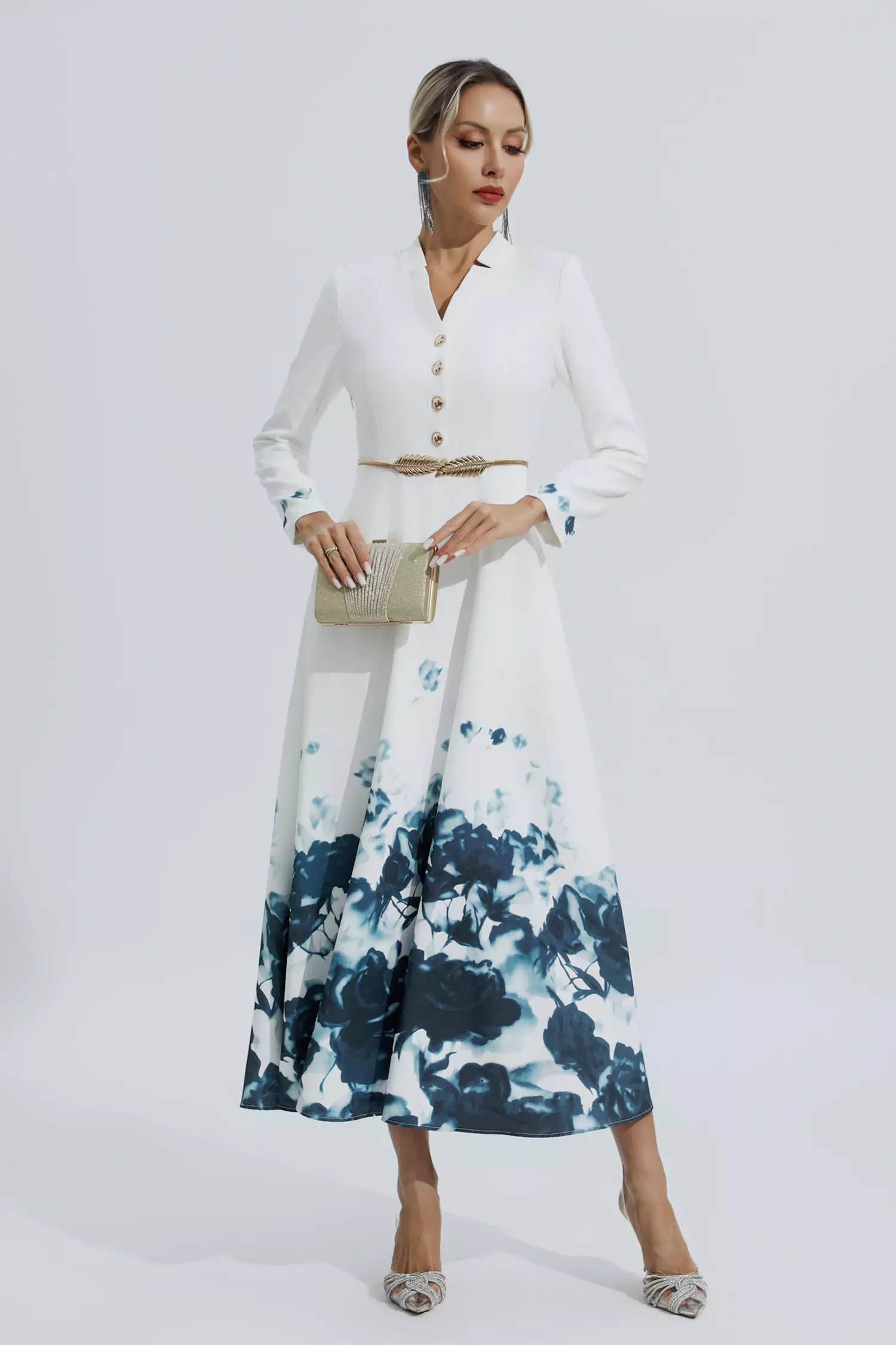 Angie White Printed Floral Maxi Dress-CATCHALL