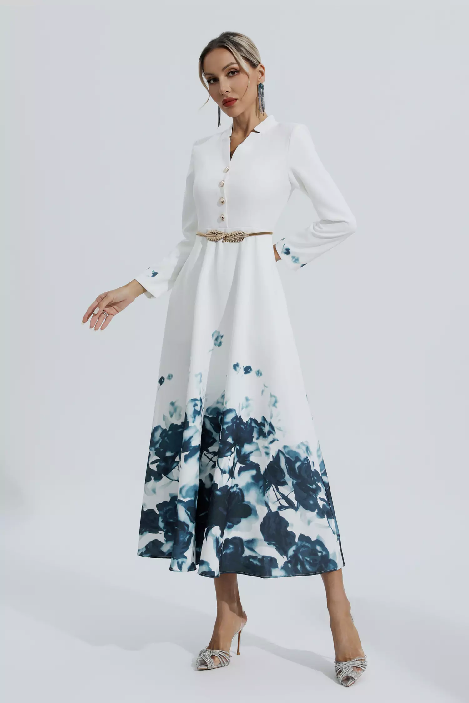 Angie White Printed Floral Maxi Dress-CATCHALL