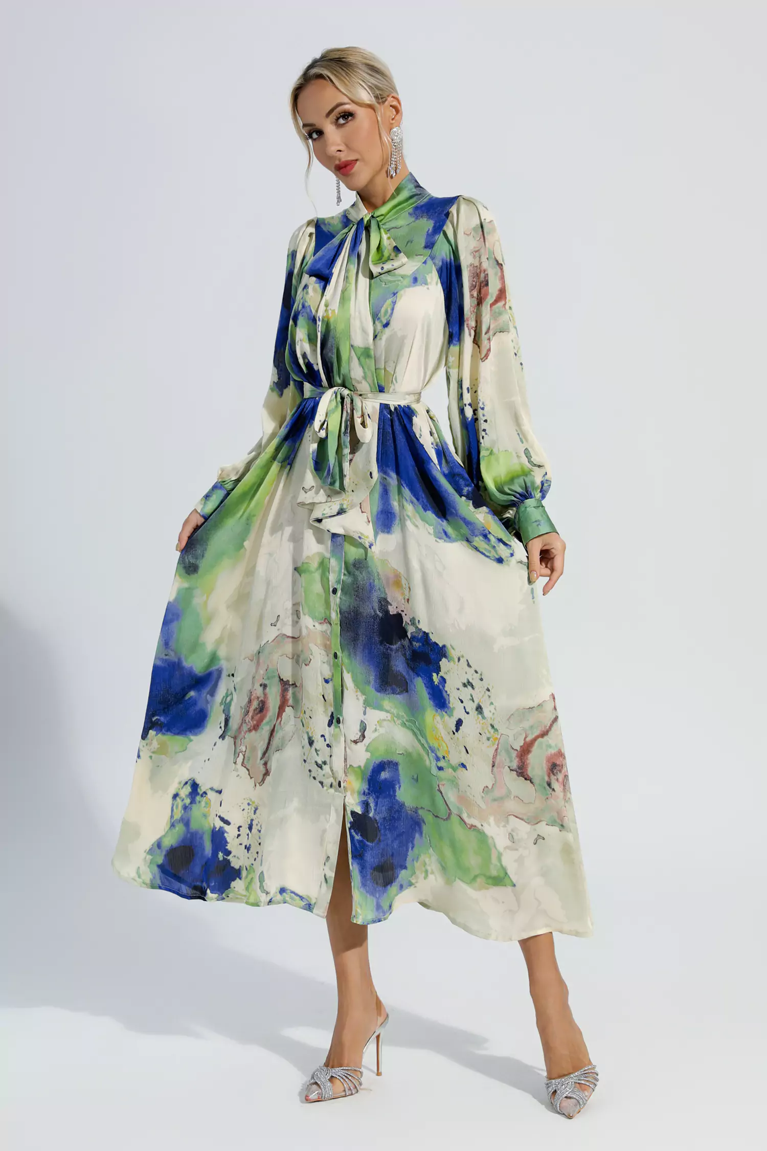 Anne Floral Tie Dye Long Sleeves Maxi Dress-CATCHALL