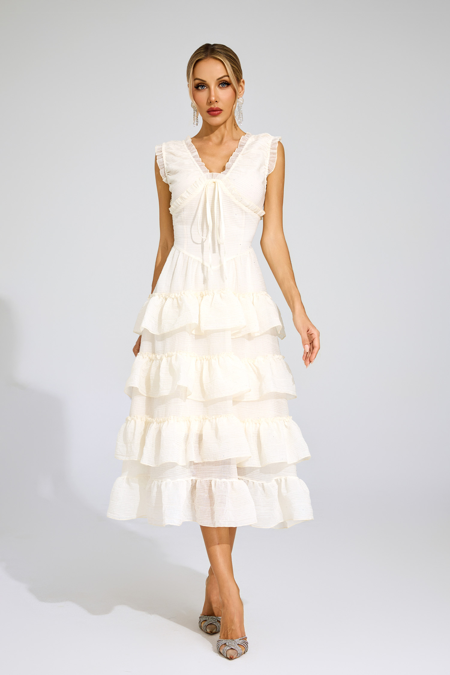 Antoinette Beige Sleeveless Ruffled Dress