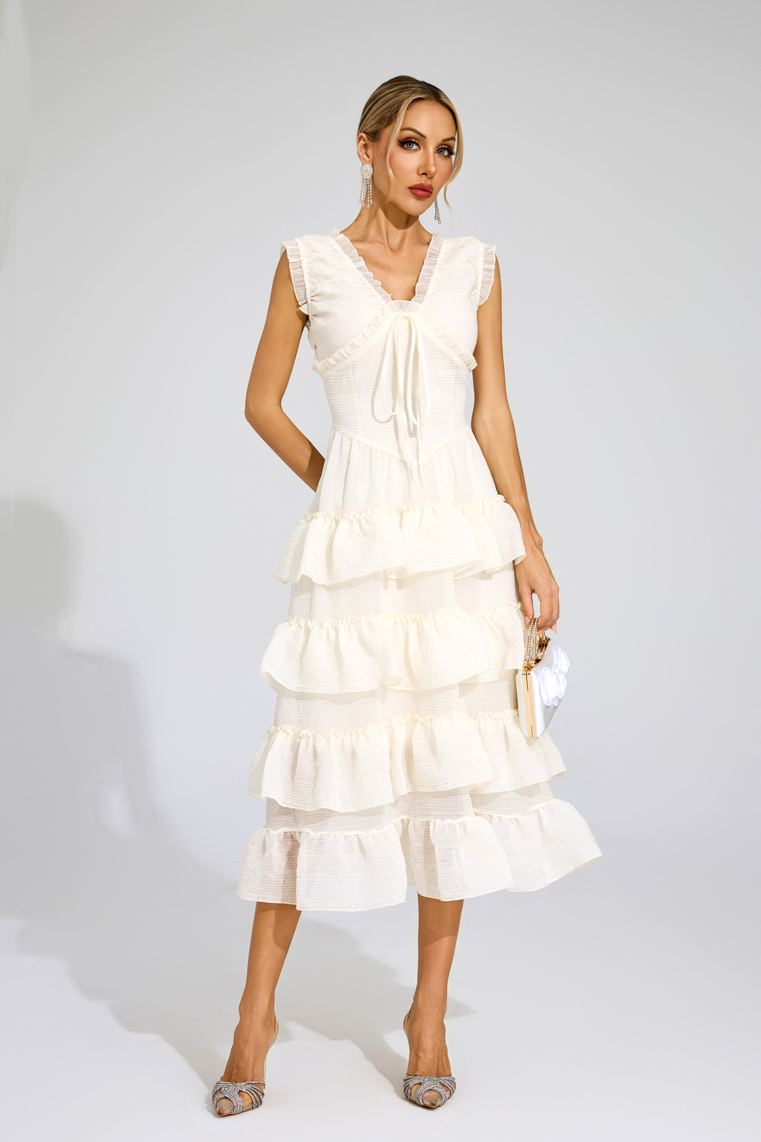 Antoinette Beige Sleeveless Ruffled Dress