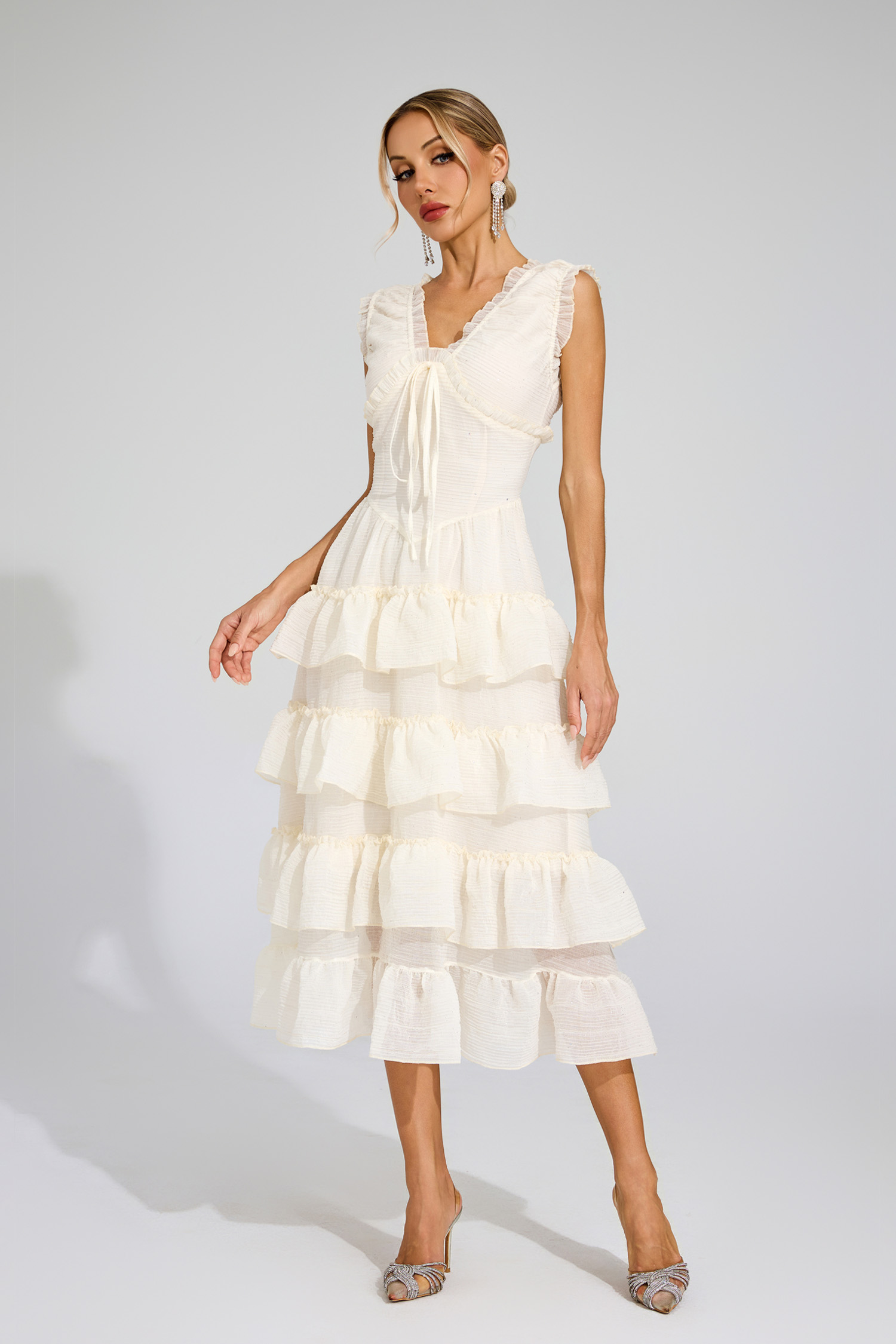 Antoinette Beige Sleeveless Ruffled Dress