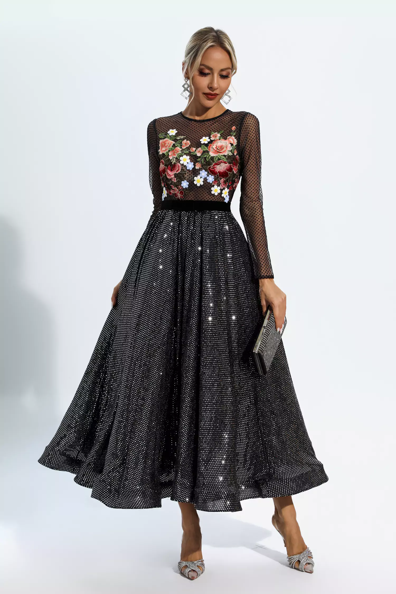 Antonella Black Floral Embroidery Maxi Dress-CATCHALL