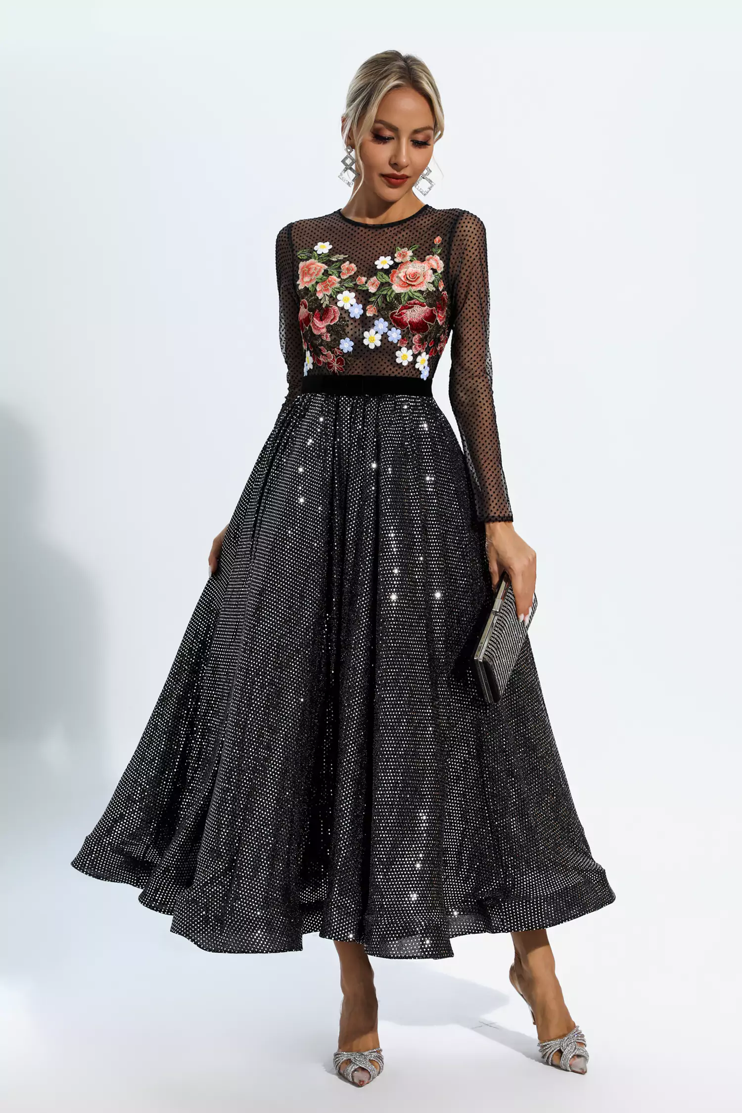 Antonella Black Floral Embroidery Maxi Dress