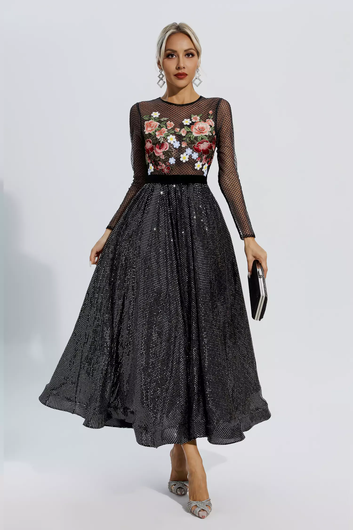 Antonella Black Floral Embroidery Maxi Dress-CATCHALL