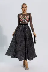 Antonella Black Floral Embroidery Maxi Dress