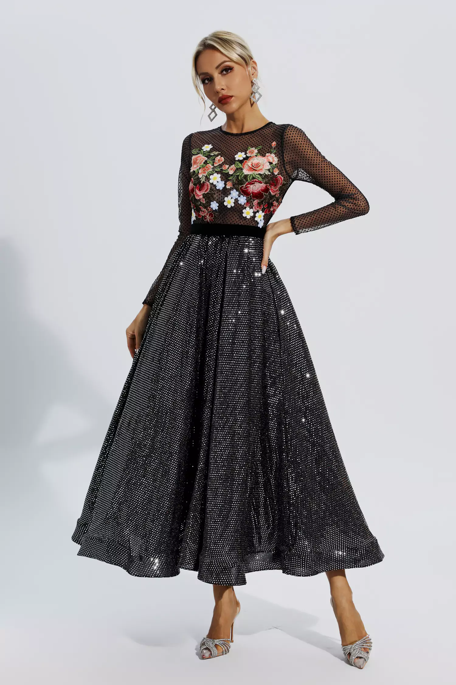Antonella Black Floral Embroidery Maxi Dress-CATCHALL
