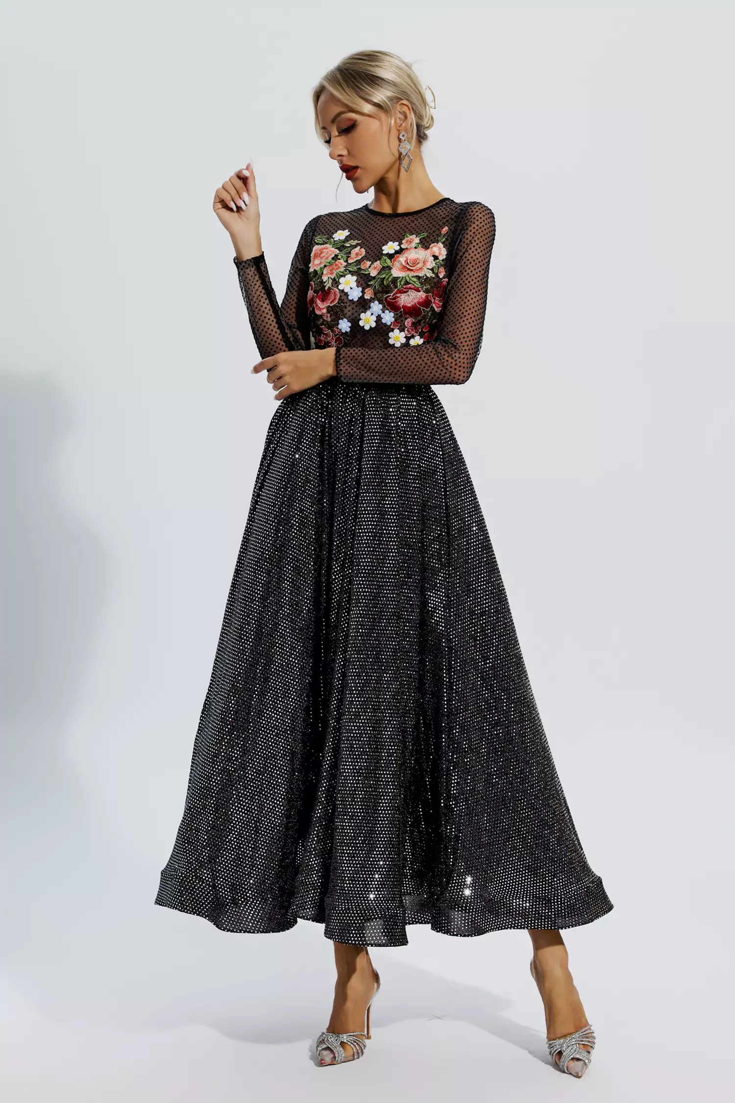 Antonella Black Floral Embroidery Maxi Dress-CATCHALL