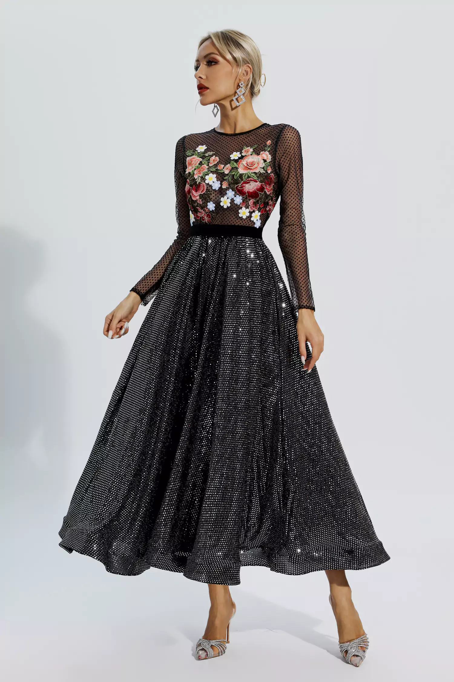 Antonella Black Floral Embroidery Maxi Dress-CATCHALL