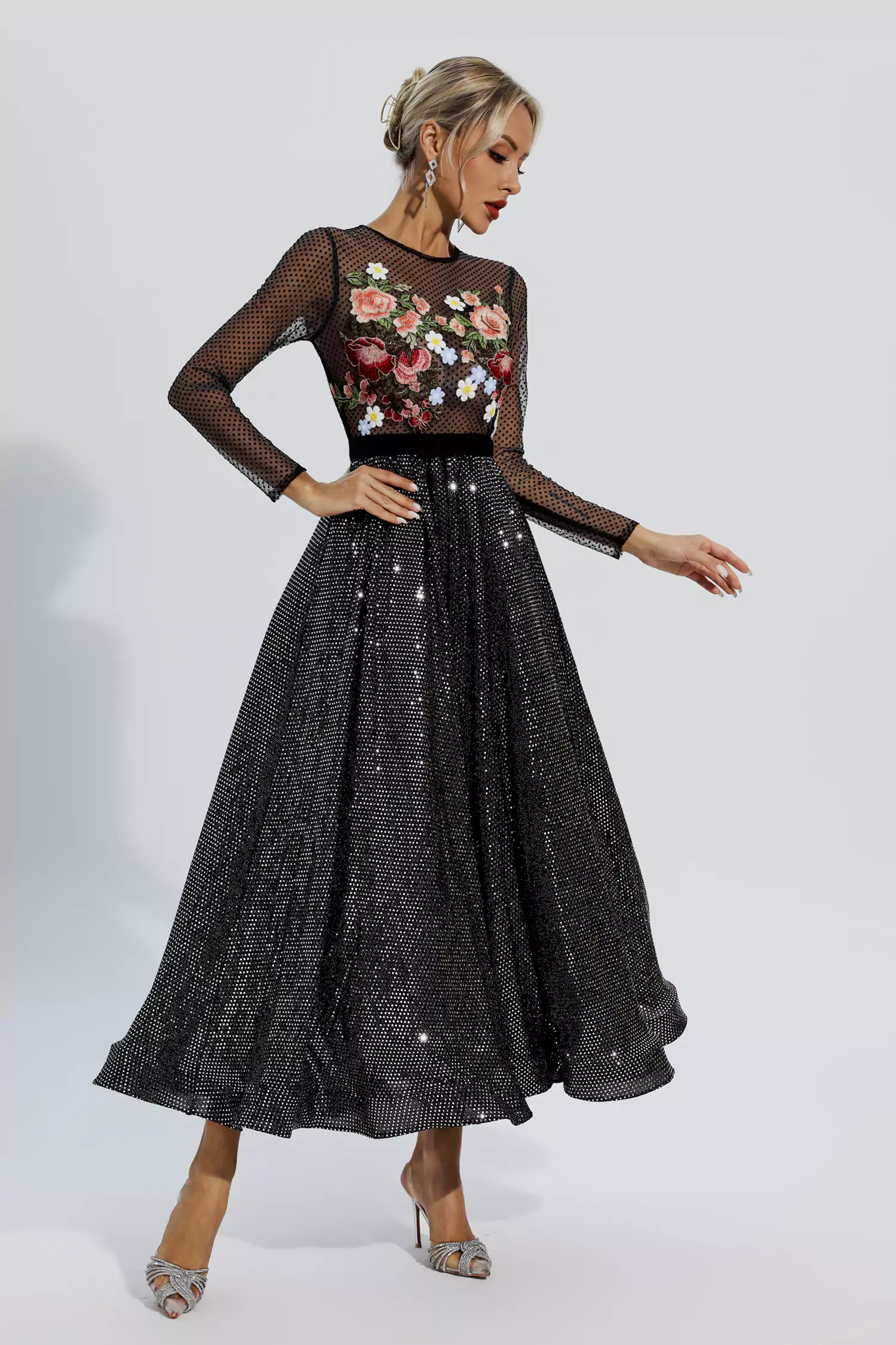 Antonella Black Floral Embroidery Maxi Dress-CATCHALL