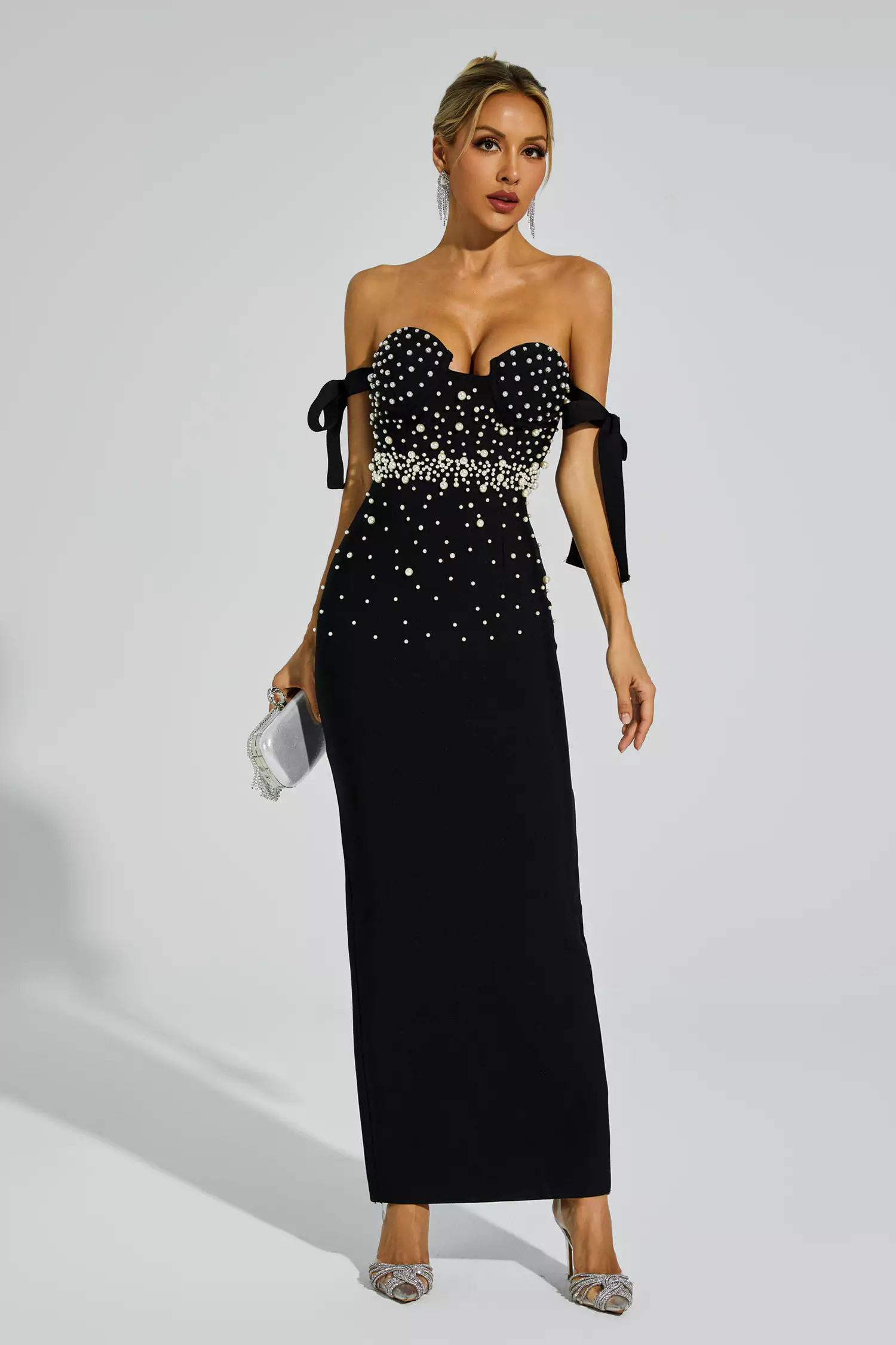 Antony Black Pearl Embellished Bandage Dress-CATCHALL