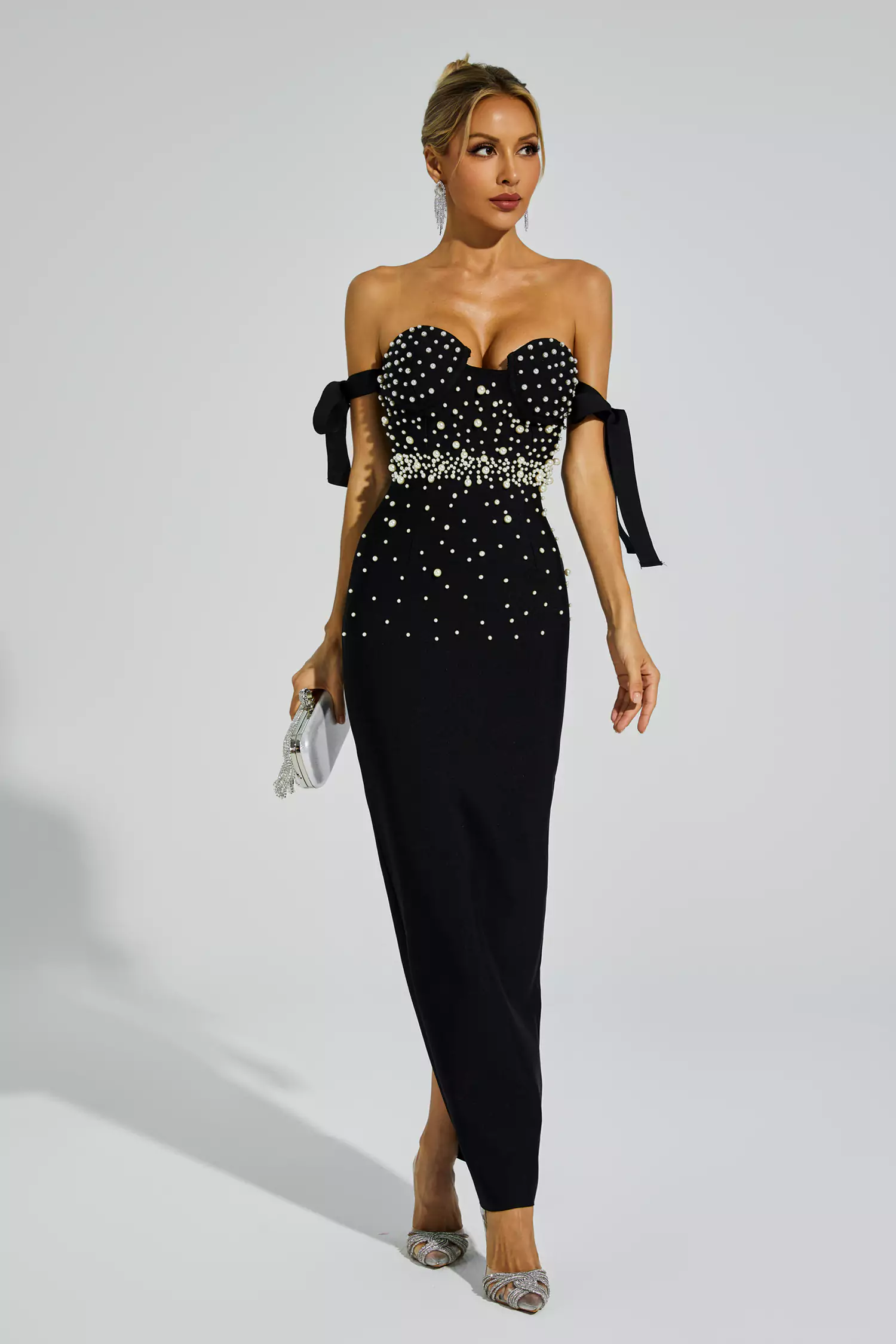 Antony Black Pearl Embellished Bandage Dress-CATCHALL