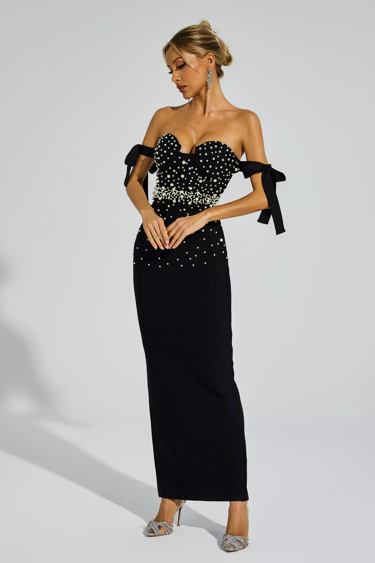Antony Black Pearl Embellished Bandage Dress-CATCHALL